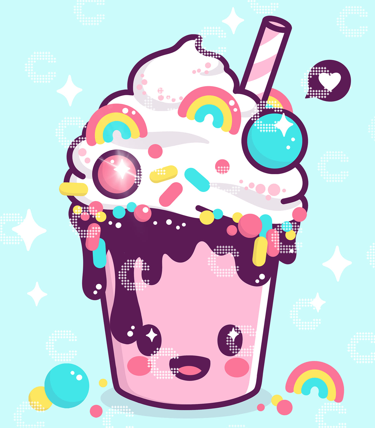 Diamond Painting Original-Motiv mit bunt verzierter heißer Schokolade im Kawaii-Becher mit Regenbögen, Strohhalm und Sahne 