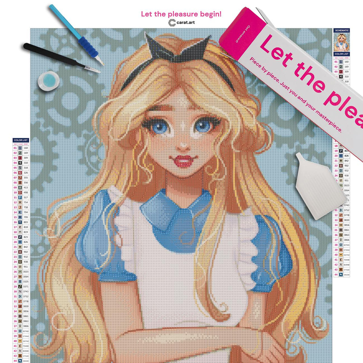 Diamond Painting Set mit Alice, goldenen Locken und zahlreichen Zahnrädern als außergewöhnliches Fantasiemotiv inklusive Leinwand, cearat.com Karton und hochwertigem Zubehör