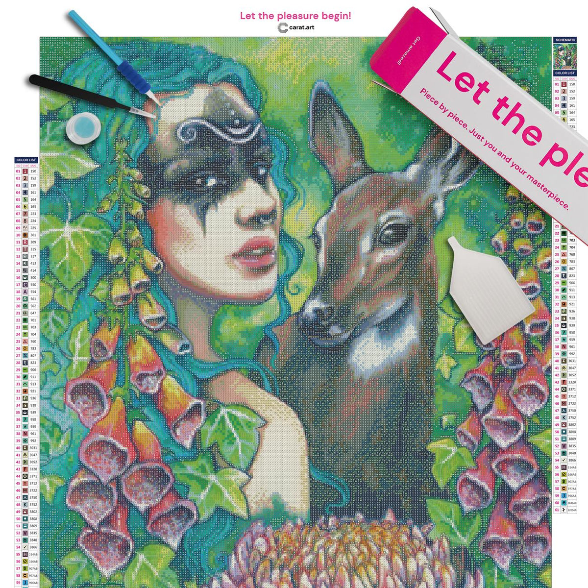 Diamond Painting Set mit geheimnisvoller Waldfee und tierischer Begleiterin inklusive Leinwand, cearat.com Karton und Zubehör