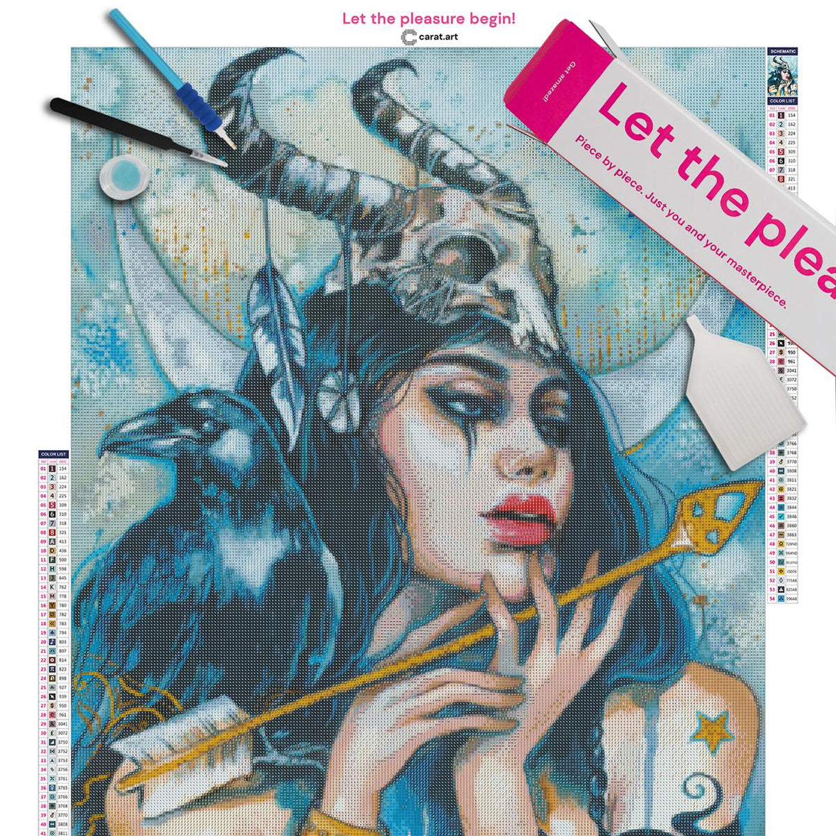 Diamond Painting Set mit Artemis, Rabe und goldenem Pfeil im Fantasy Motiv inklusive Leinwand, cearat.com Karton und Zubehör