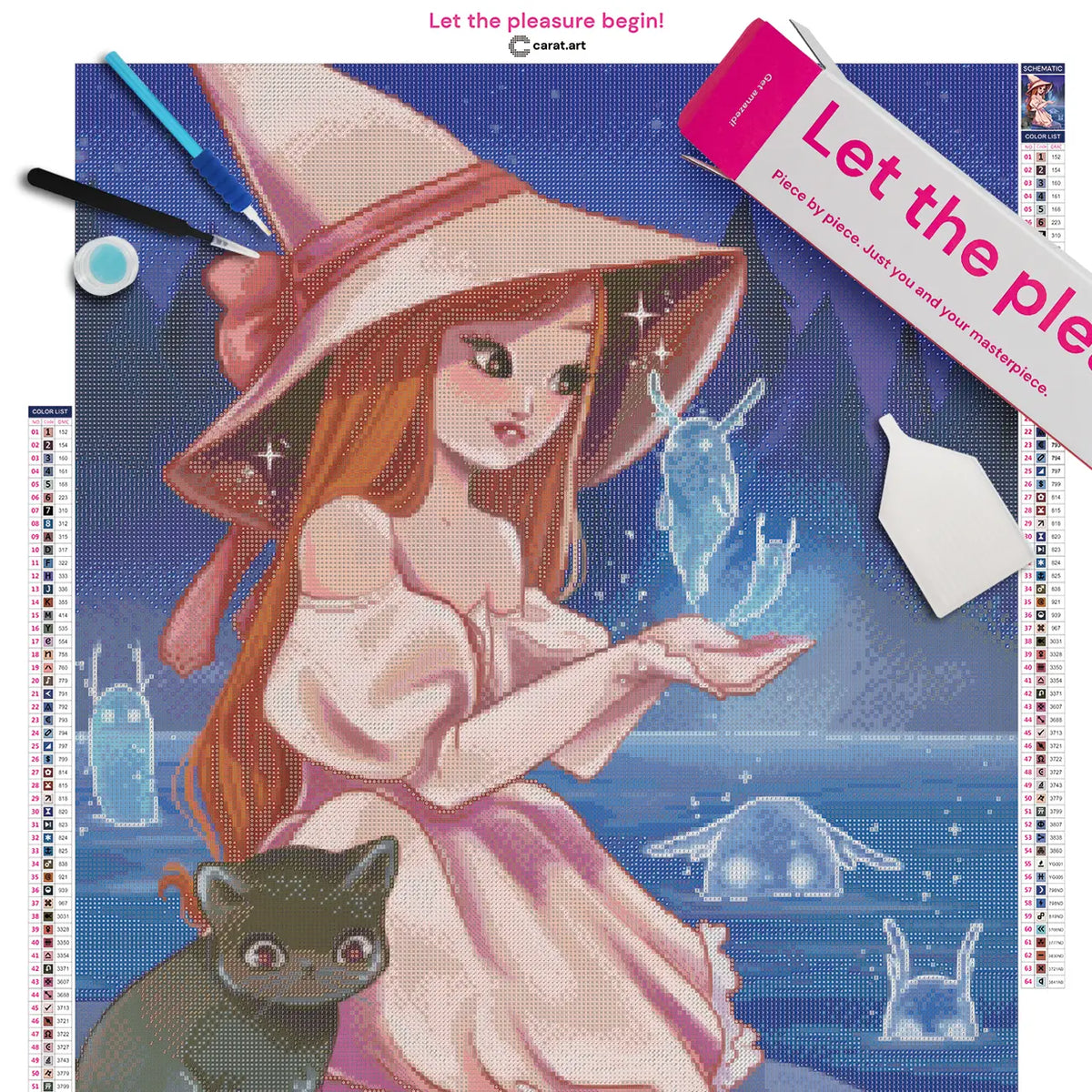 Diamond Painting Set mit kleiner Hexe, schwarzer Katze und leuchtenden Wassergeistern inklusive Leinwand, cearat.com Karton und hochwertigem Zubehör
