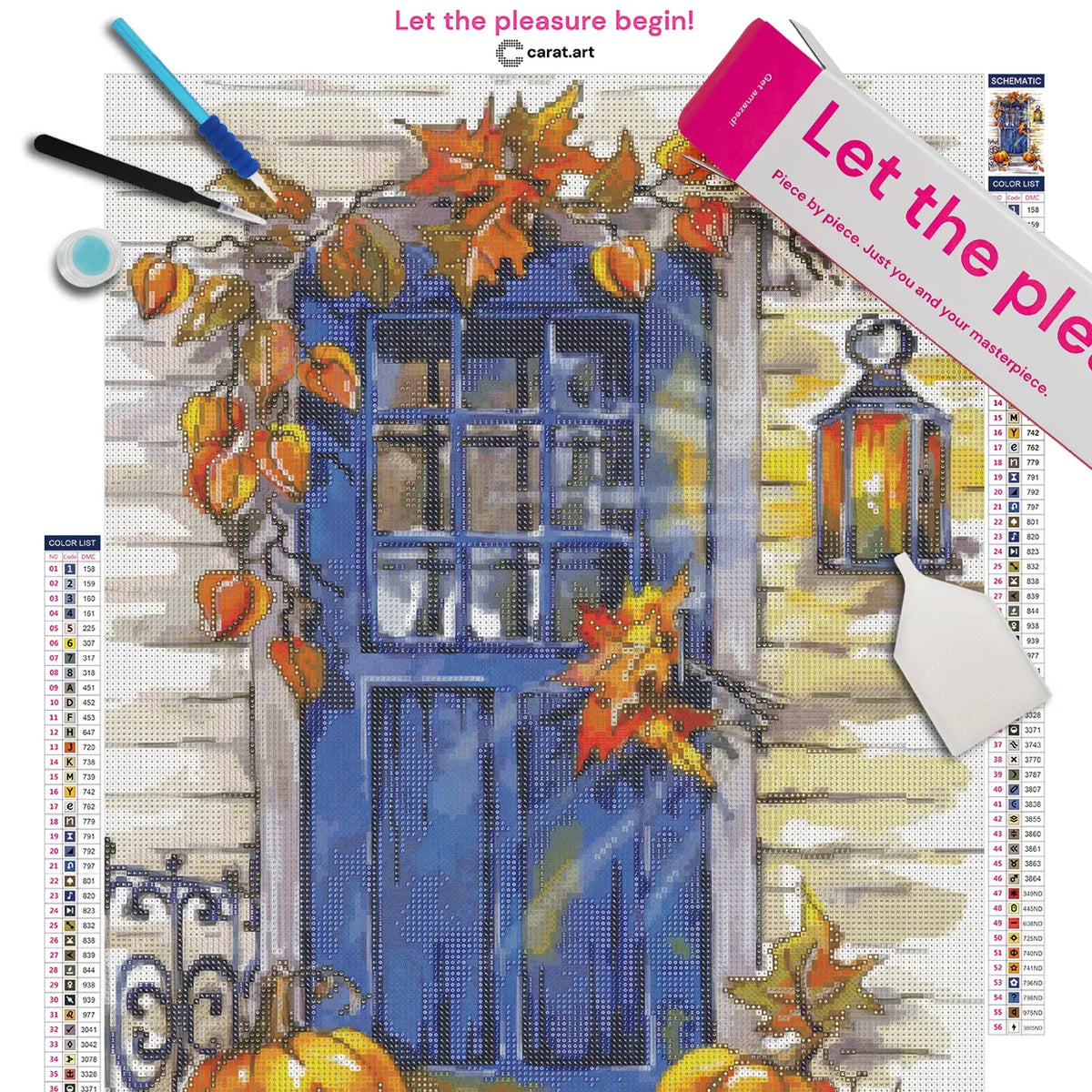 Premium Diamond Painting Set mit Leinwand mit herbstlichem Motiv einer blauen Tür mit Laterne, orangenen Kürbissen und buntem Herbstlaub dekoriert, mit cearat.com Box und Werkzeug-Set