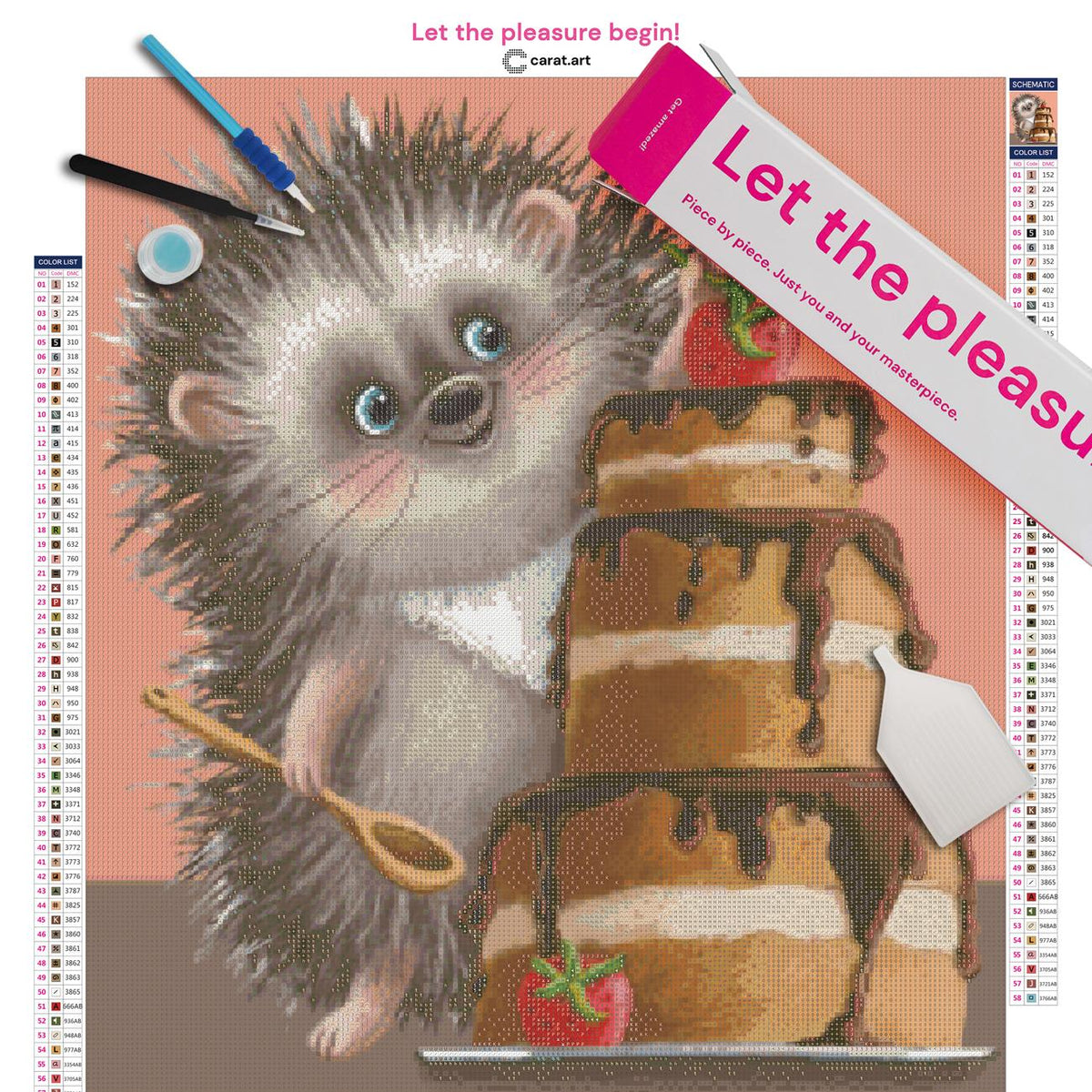 Diamond Painting Set mit Igel und Tortenmotiv inklusive Leinwand, cearat.com Karton und hochwertigem Zubehör