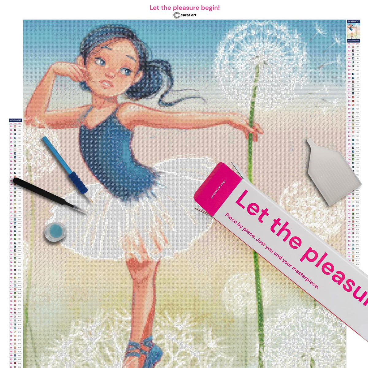 Diamond Painting Set mit Ballerina und Pusteblumen inklusive Leinwand, cearat.com Karton und hochwertigem Zubehör