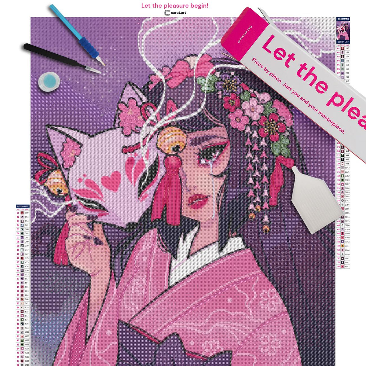 Diamond Painting Set mit geheimnisvollem Kimono Mädchen und Fuchsmaske inklusive Leinwand, cearat.com Karton und hochwertigem Zubehör