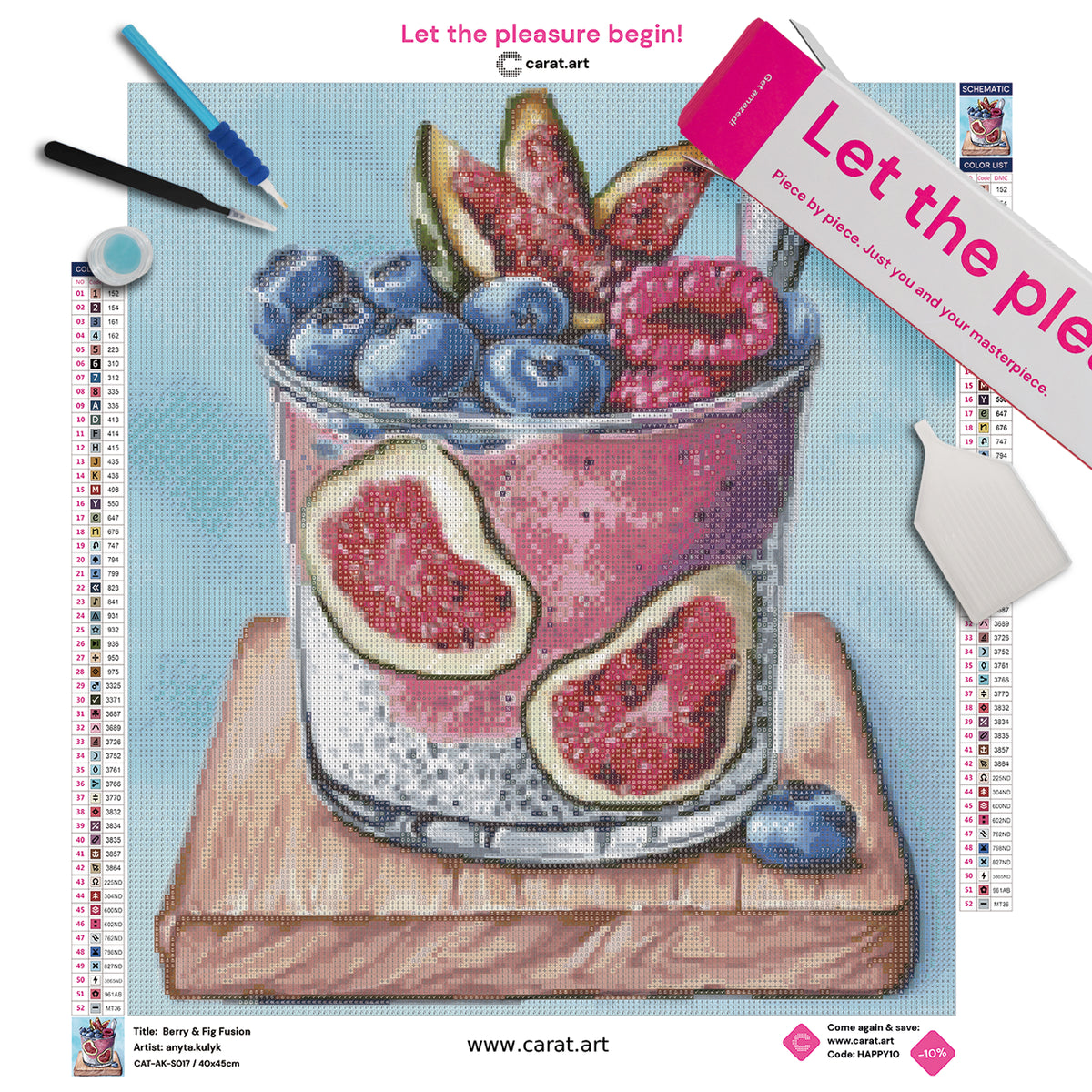 Diamond Painting Set mit Glas voller Chia-Joghurt, Feigen, Blaubeeren und Himbeeren sowie einem Löffel auf einem Holzbrett inklusive Leinwand, cearat.com Karton und Zubehör