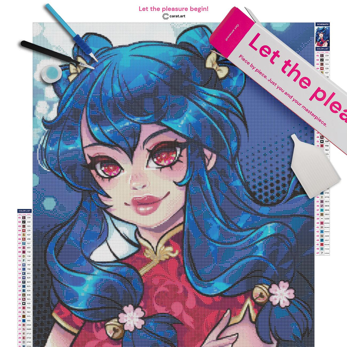 Diamond Painting Set mit Mädchen mit blauen Haaren und großen Augen in einem roten Kleid mit Muster, umgeben von einem leuchtenden Bokeh inklusive Leinwand, cearat.com Karton und hochwertigem Zubehör