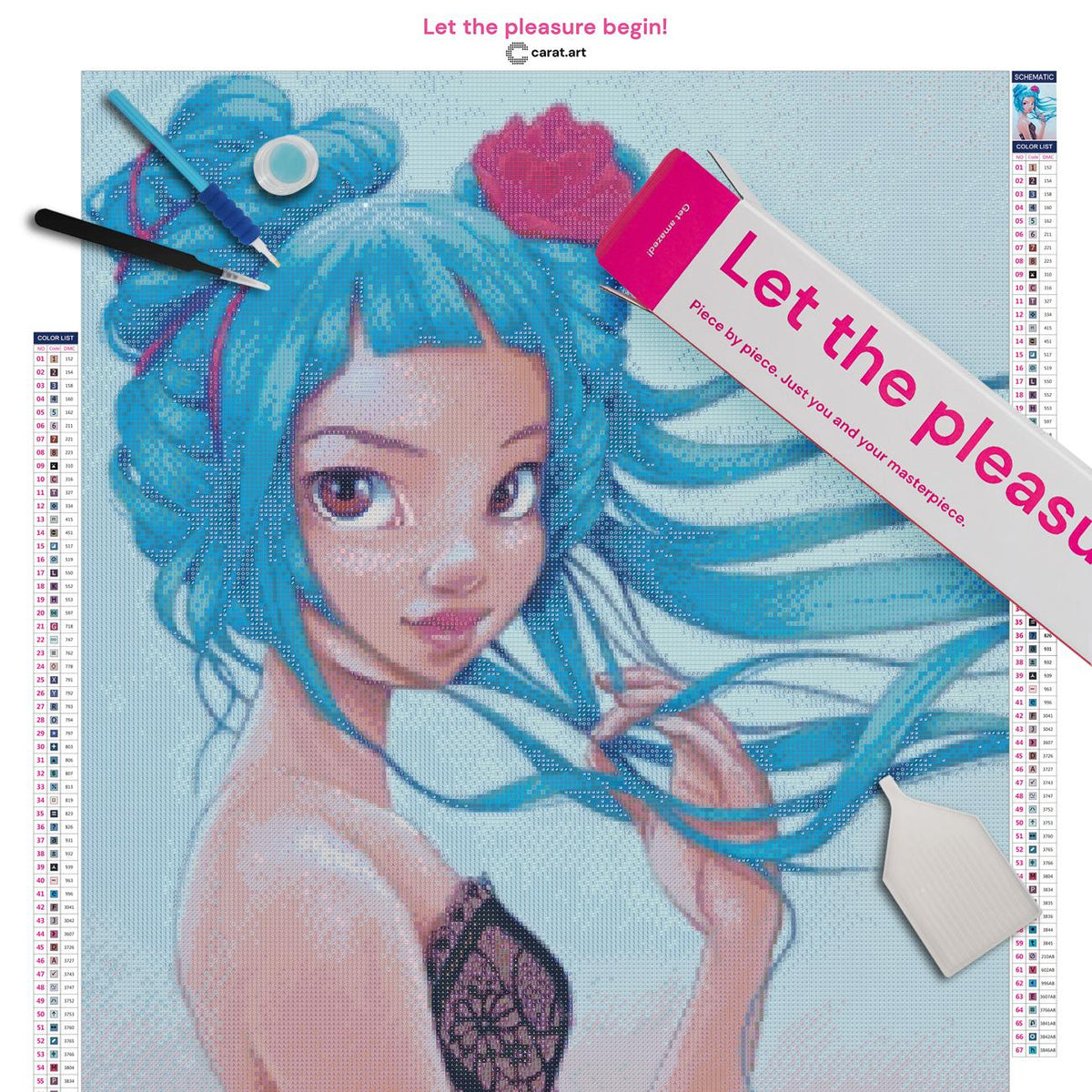 Diamond Painting Set mit Blue Girl Portrait inklusive Leinwand, cearat.com Karton und hochwertigem Zubehör
