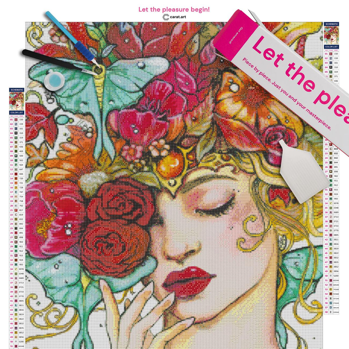 Diamond Painting Set mit Blumenkrone und verträumtem Mädchenportrait inklusive Leinwand, cearat.com Karton und hochwertigem Zubehör
