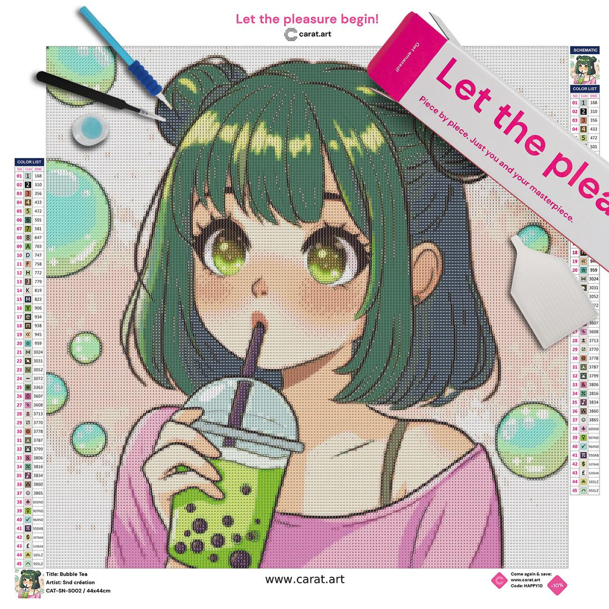 Diamond Painting Set mit Bubble Tea Motiv und bunten Seifenblasen inklusive Leinwand, cearat.com Karton und Zubehör