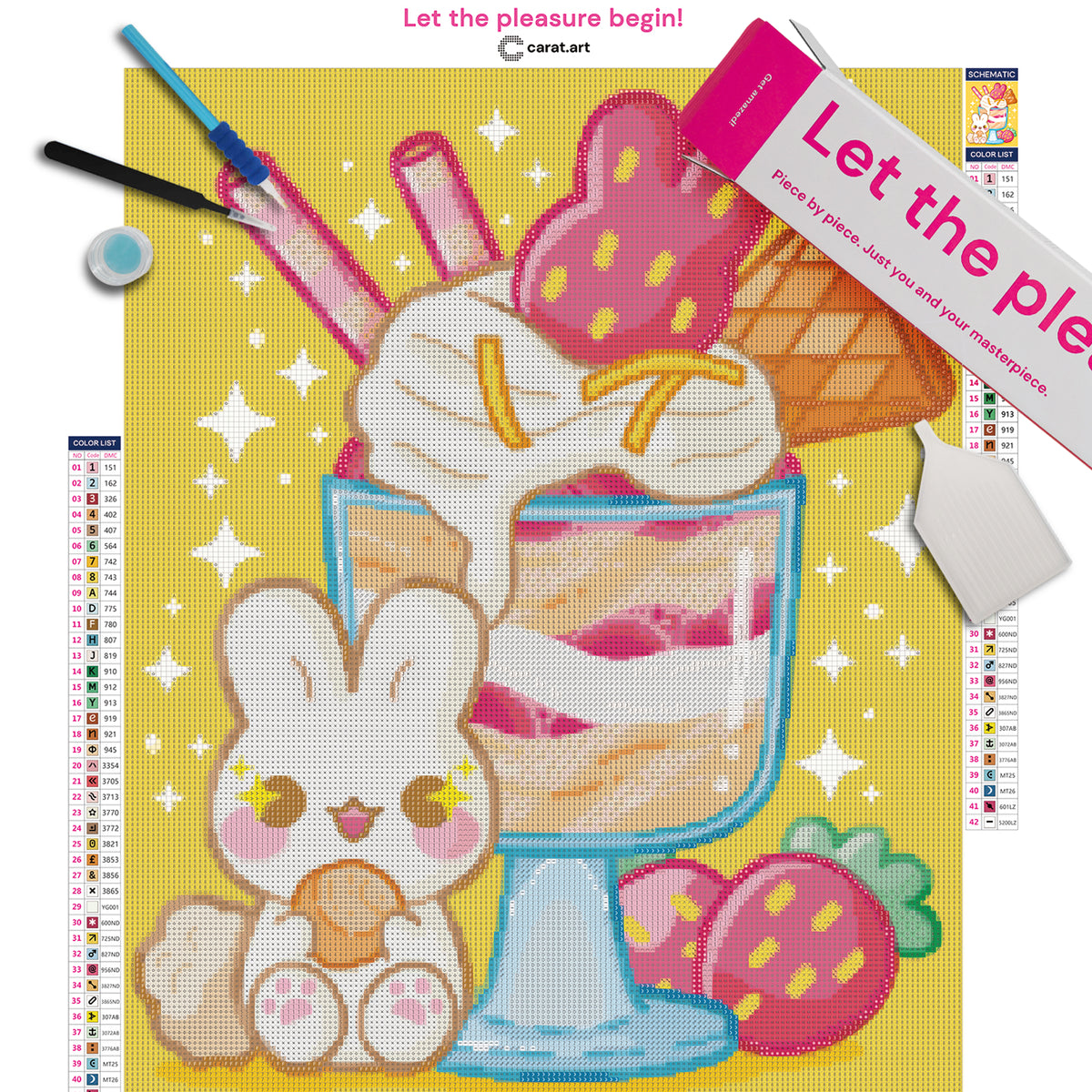 Diamond Painting Set mit kleinem Häschen, Keks und dekoriertem Erdbeereisbecher im Glas mit Sahne, Erdbeeren und Waffeln inklusive Leinwand, cearat.com Karton und hochwertigem Zubehör