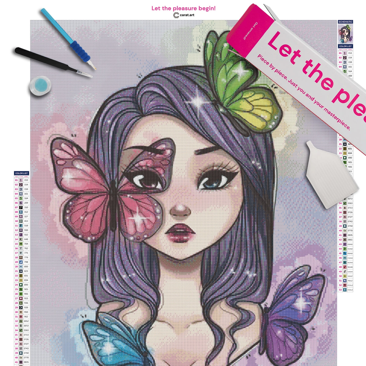 Diamond Painting Set mit Mädchenportrait und Schmetterlingen inklusive Leinwand, cearat.com Karton und hochwertigem Zubehör