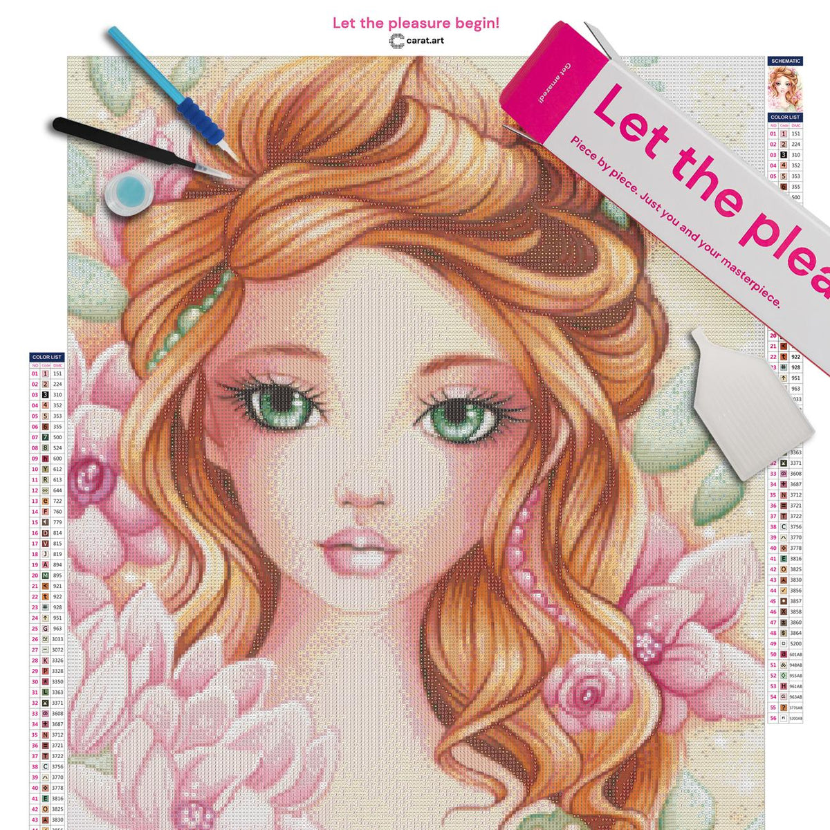 Diamond Painting Set mit Camellia Mädchenportrait und Blütenmotiv inklusive Leinwand, cearat.com Karton und hochwertigem Zubehör