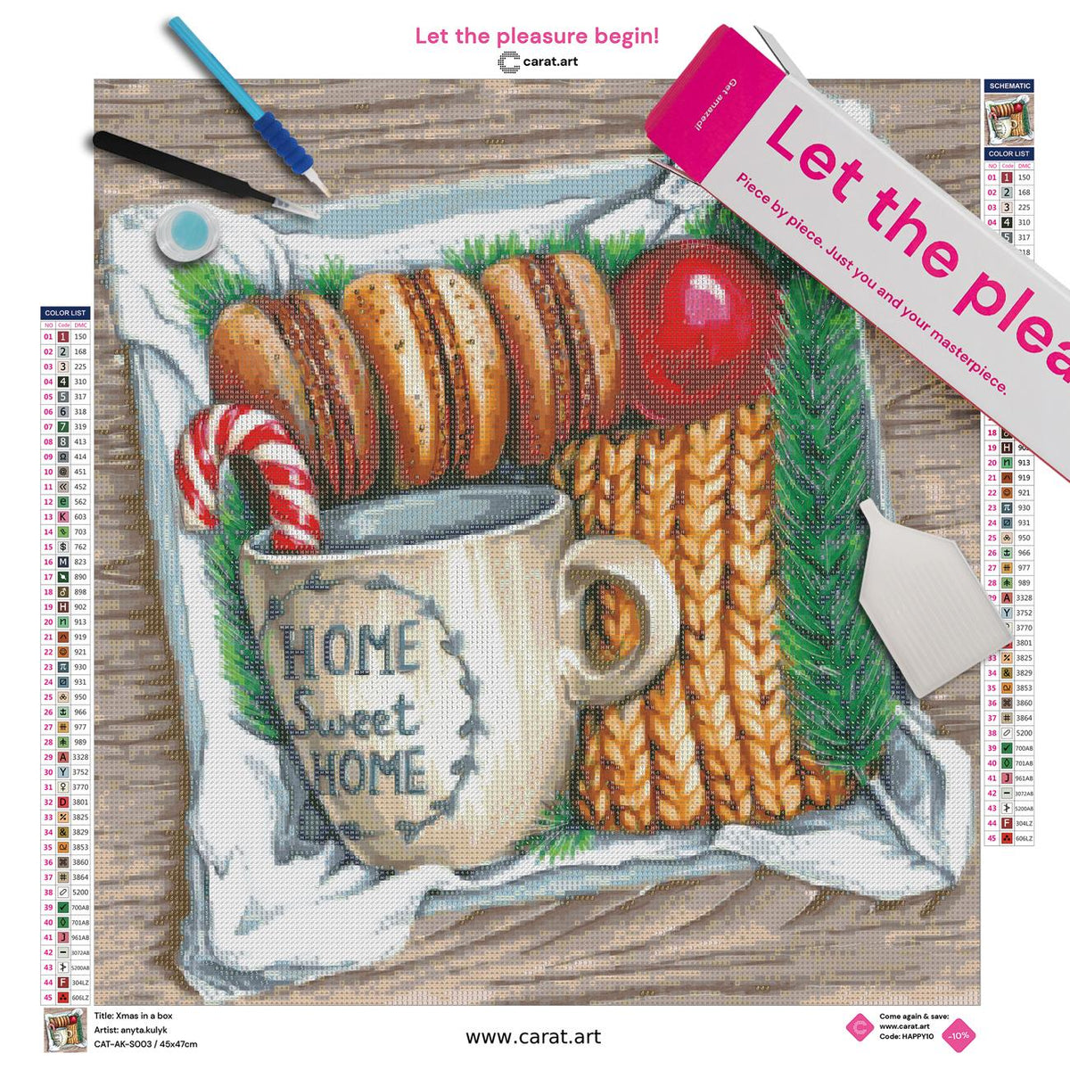 Diamond Painting Set mit weihnachtlicher Geschenkbox, Keksen, Tasse und festlichen Dekorationen inklusive Leinwand, cearat.com Karton und hochwertigem Zubehör