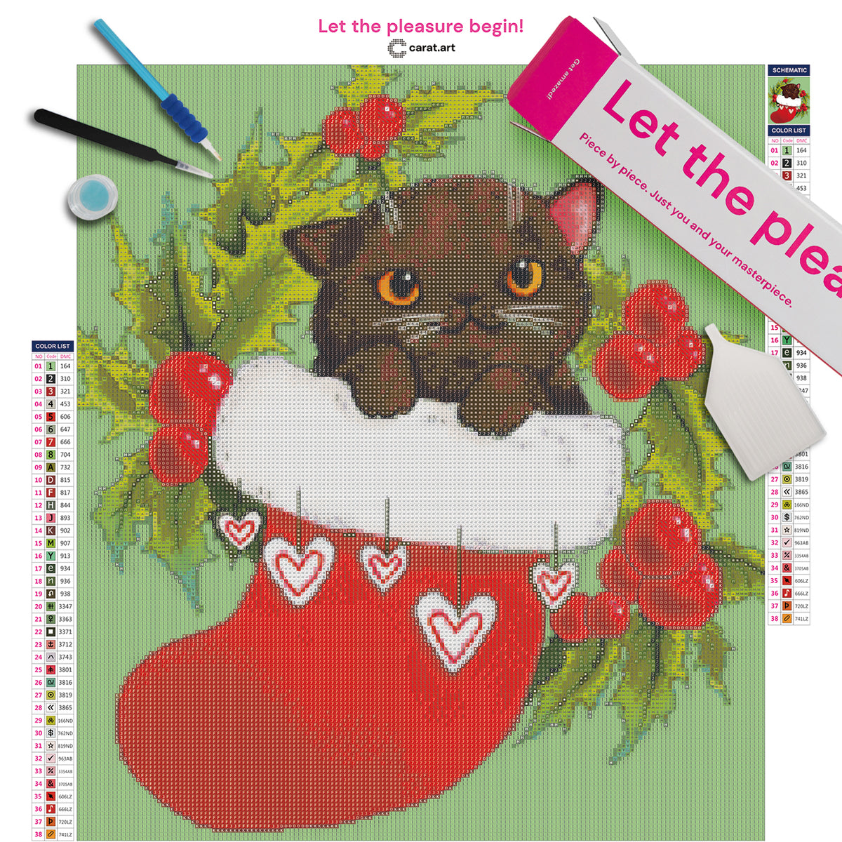 Diamond Painting Set mit schwarzem Kätzchen, rot-weißem Weihnachtsstrumpf, Stechpalmenblättern und roten Beeren inklusive Leinwand, cearat.com Karton und hochwertigem Zubehör