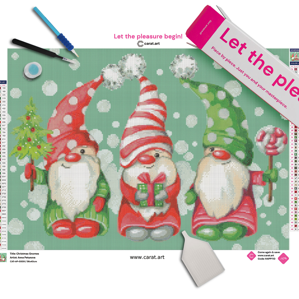 Diamond Painting Set mit drei Weihnachtsgnomen und ihren festlichen Accessoires – geschmückter Weihnachtsbaum, Geschenk und großer Lolli am Stiel – inklusive Leinwand, cearat.com Karton und hochwertigem Zubehör