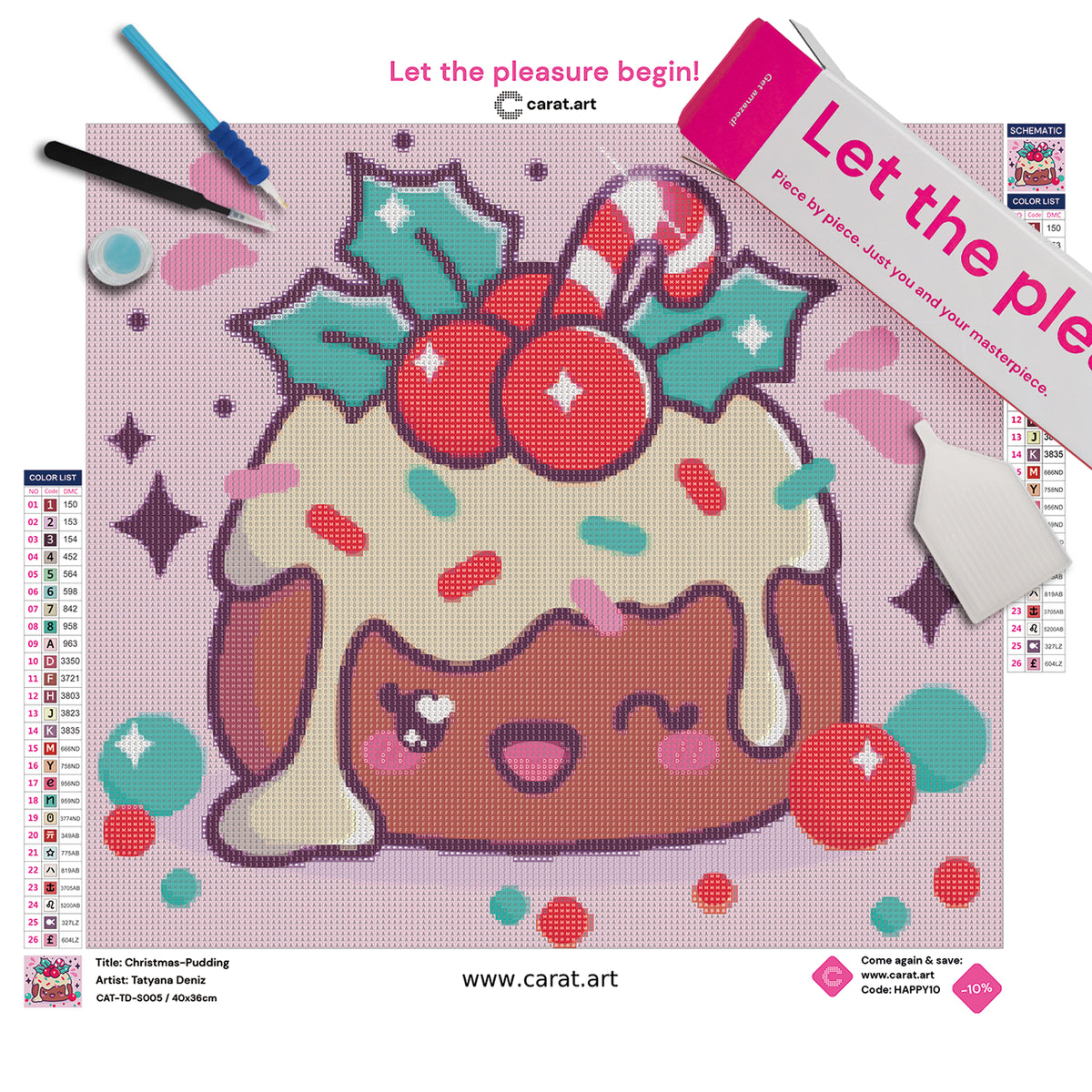 Diamond Painting Set mit Kawaii Christmas-Pudding mit weißer Glasur, Beeren, grünen Blättern und kleiner Zuckerstange, umgeben von Tropfen, Beeren und Sternen inklusive Leinwand, cearat.com Karton und hochwertigem Diamond Painting Zubehör