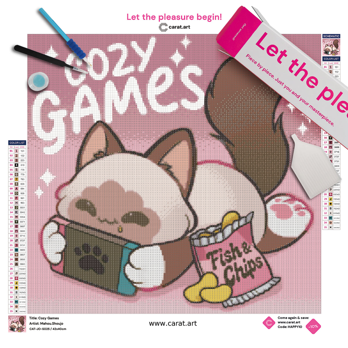 Diamond Painting Set mit niedlichem Kätzchen am Controller, Snacks und dem Schriftzug „Cozy Games“ inklusive Leinwand, cearat.com Karton und Diamond Painting Werkzeug
