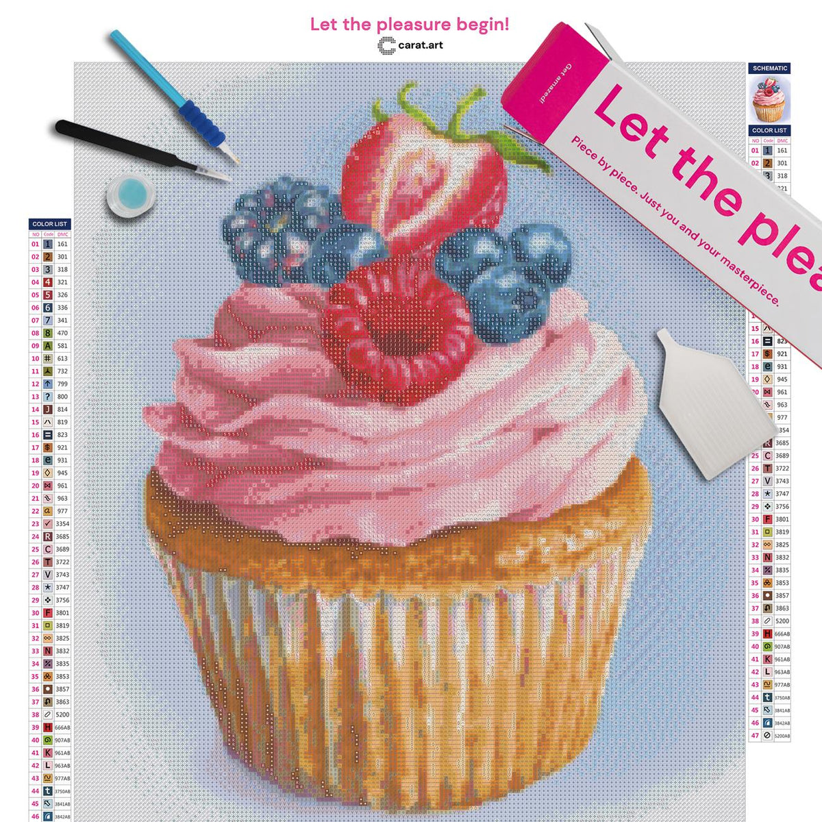 Diamond Painting Bastelset mit Cupcake und Beeren inklusive Leinwand, cearat.com Karton und hochwertigem Zubehör