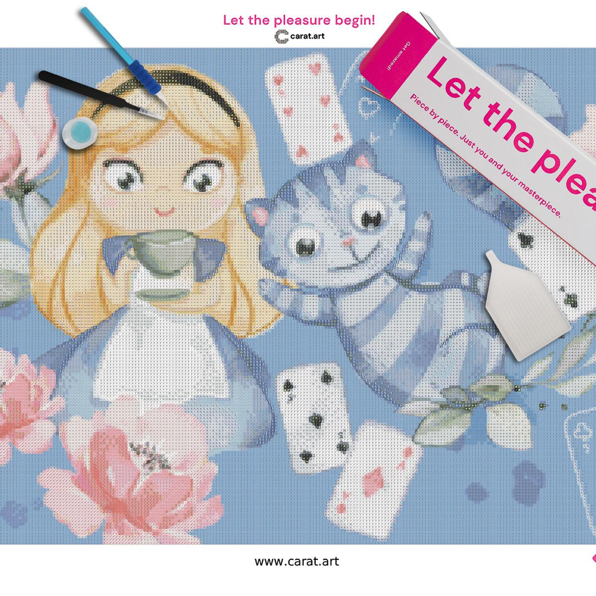 Diamond Painting Set mit Alice, Cheshire-Katze und fantasievollem Teemotiv inklusive Leinwand, cearat.com Karton und hochwertigem Zubehör