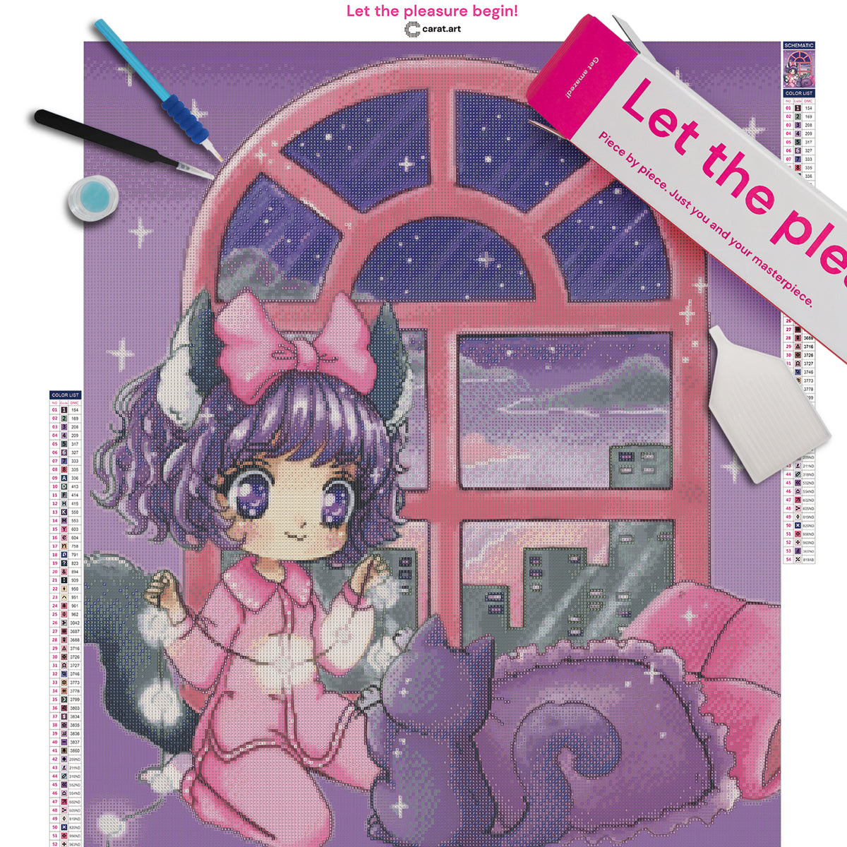 Diamond Painting Set mit Kawaii Mädchen im Pyjama und Katzenkostüm, pinker Schleife und ihrer schwarzen Katze beim Sortieren einer Lichterkette, umgeben von Kissen vor einem Panoramafenster mit Skyline inklusive Leinwand, cearat.com Karton und hochwertigem Zubehör