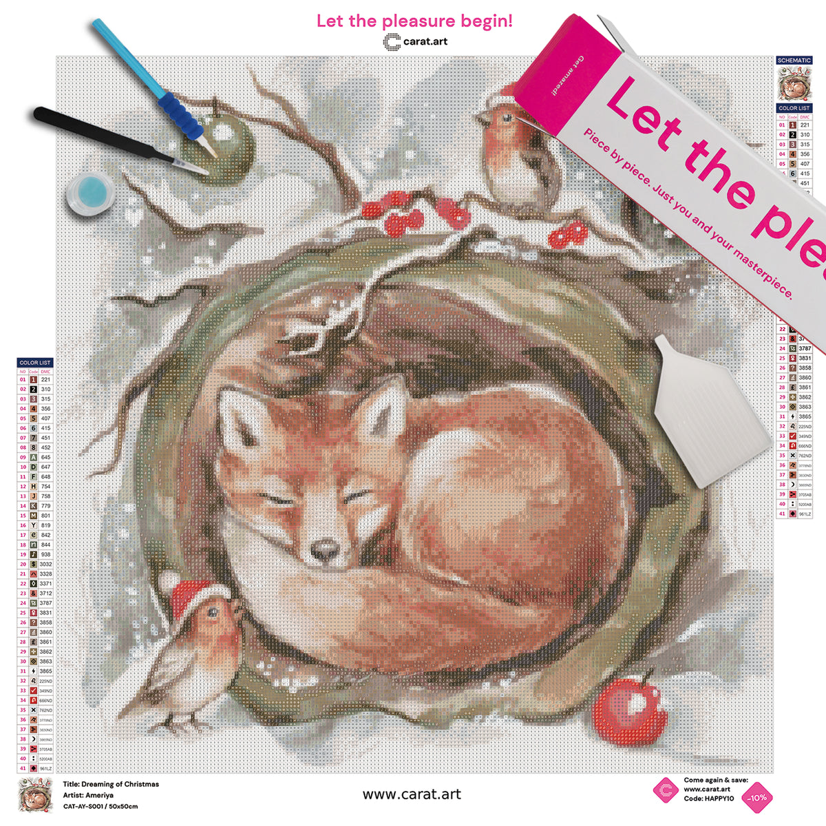Diamond Painting Set mit träumendem Fuchs, Rotkehlchen mit Weihnachtsmützen sowie winterlich mit Kugeln und Beeren geschmückten Zweigen inklusive Leinwand, cearat.com Karton und hochwertigem Zubehör