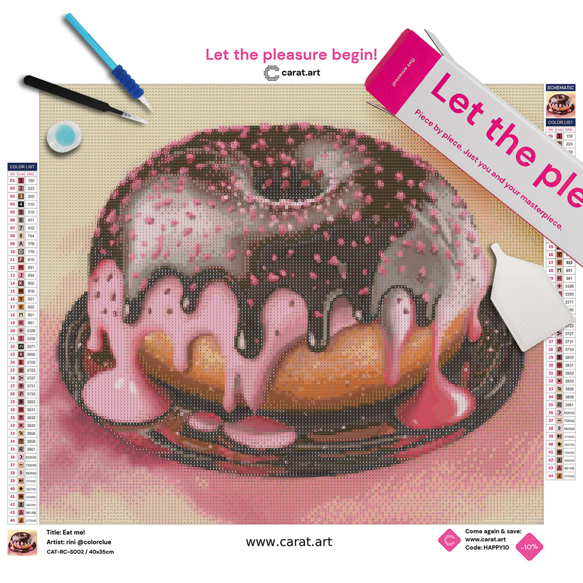 Diamond Painting Set mit prachtvollem Donut auf einem dunklen Teller, rosafarbener Erdbeerglasur und darüber glänzender Schokoladenglasur, die am Donut herabtropfen, inklusive Leinwand, cearat.com Karton und hochwertigem Zubehör