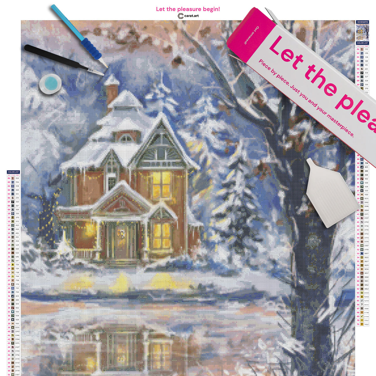 Diamond Painting Set mit festlich beleuchtetem Haus, verschneiter Landschaft und gefrorenem See inklusive Leinwand, cearat.com Karton und hochwertigem Zubehör