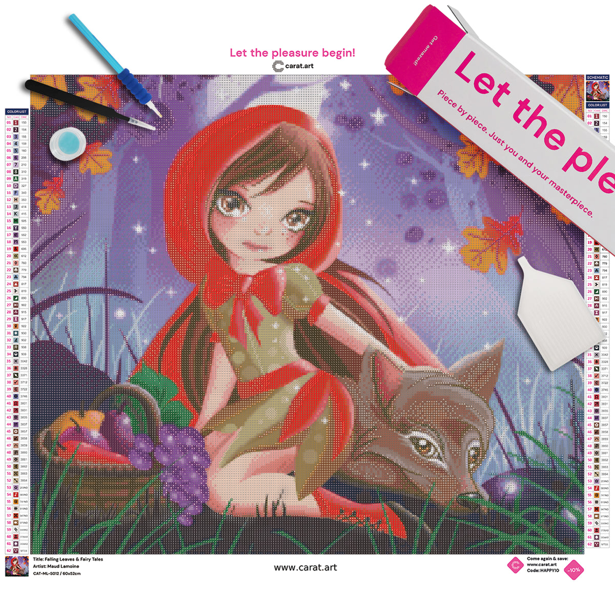 Diamond Painting Set mit kleinem Rotkäppchen und ihrem Wolf beim gemeinsamen Picknick im Wald, umgeben von fallendem Herbstlaub, inklusive Leinwand, cearat.com Karton und hochwertigem Zubehör