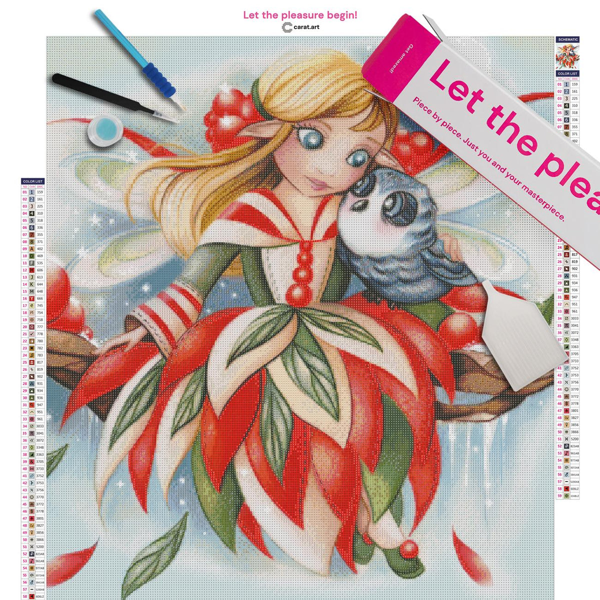 Diamond Painting Set mit Winterfee, Eule und Schneeflocken inklusive Leinwand, cearat.com Karton und hochwertigem Zubehör
