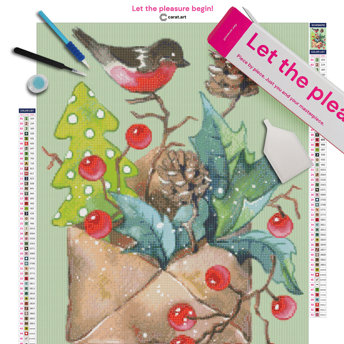 Diamond Painting Set mit festlichem Umschlag, Tannenzapfen, Stechpalmenblättern, roten Beeren und kleinem Vogel inklusive Leinwand, cearat.com Karton und hochwertigem Zubehör