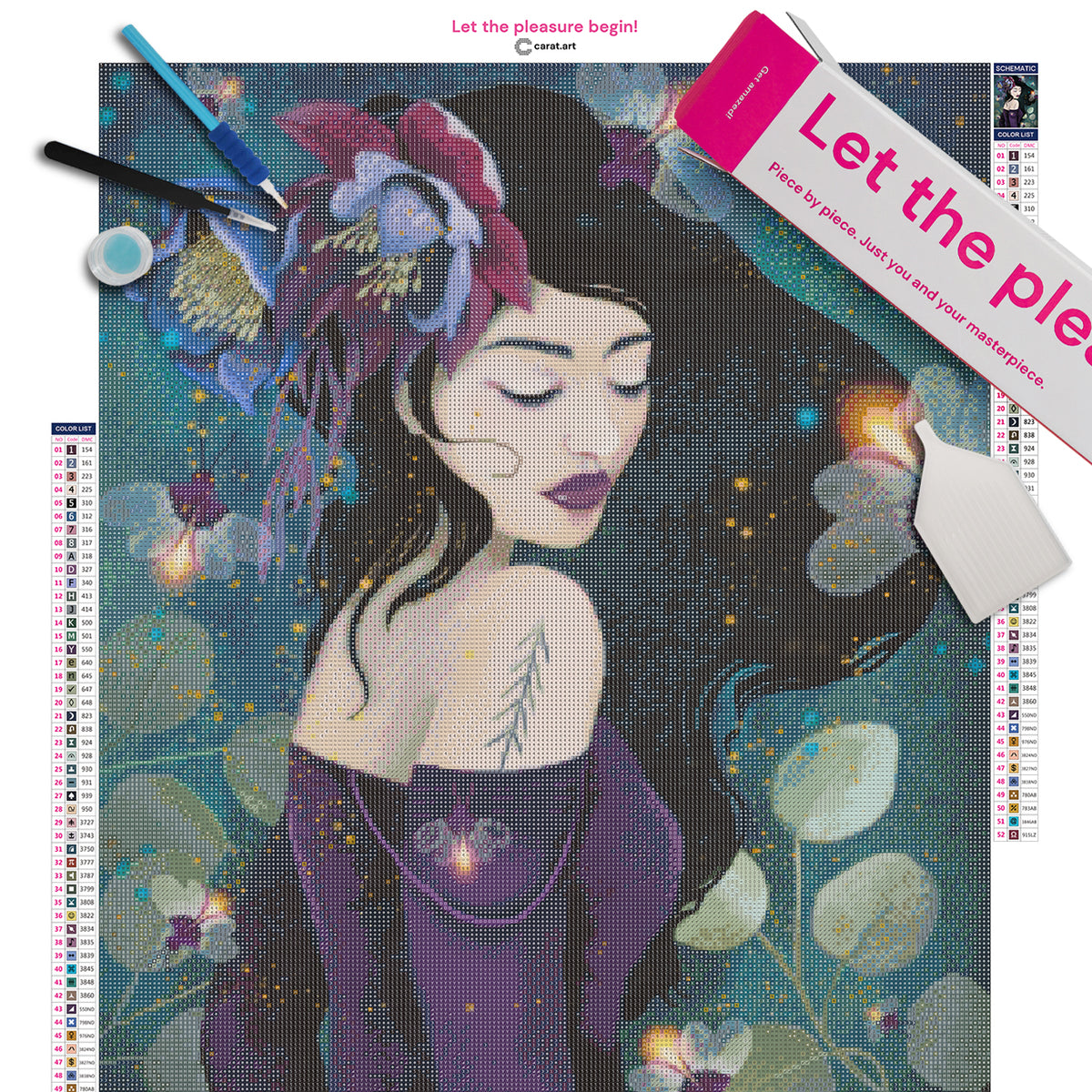 Diamond Painting Set mit Mädchen, großen Blüten, dunkelviolettem Kleid und zahlreichen Glühwürmchen inklusive Leinwand, cearat.com Karton und hochwertigem Zubehör