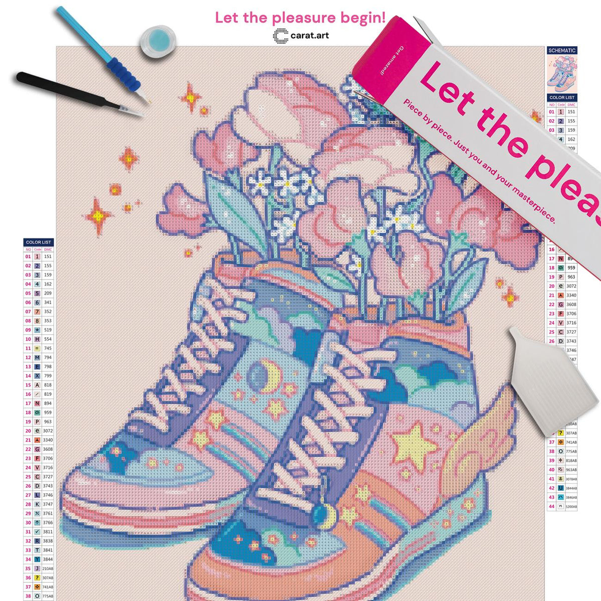 Diamond Painting Set von Hiroko mit sommerlichem Blumen Sneaker Motiv inklusive Leinwand, cearat.com Karton und hochwertigem Zubehör
