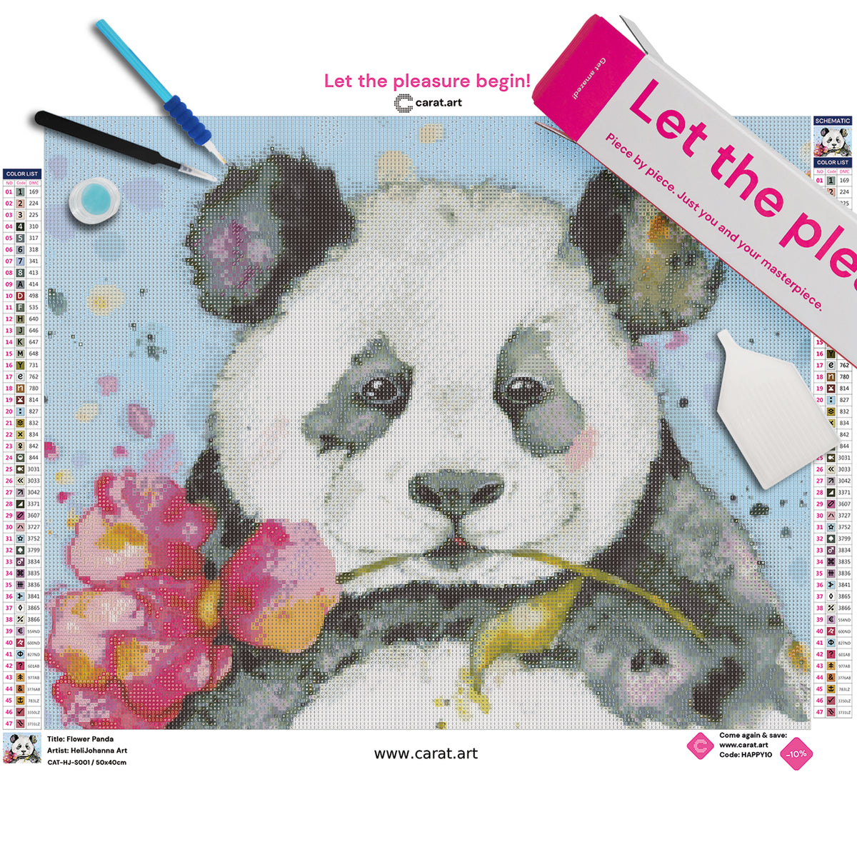Diamond Painting Set mit niedlichem Pandabären und großer Blüte in Pink- und Goldtönen vor hellblauem Hintergrund inklusive Leinwand, Diamond Painting Werkzeug und cearat.com Karton