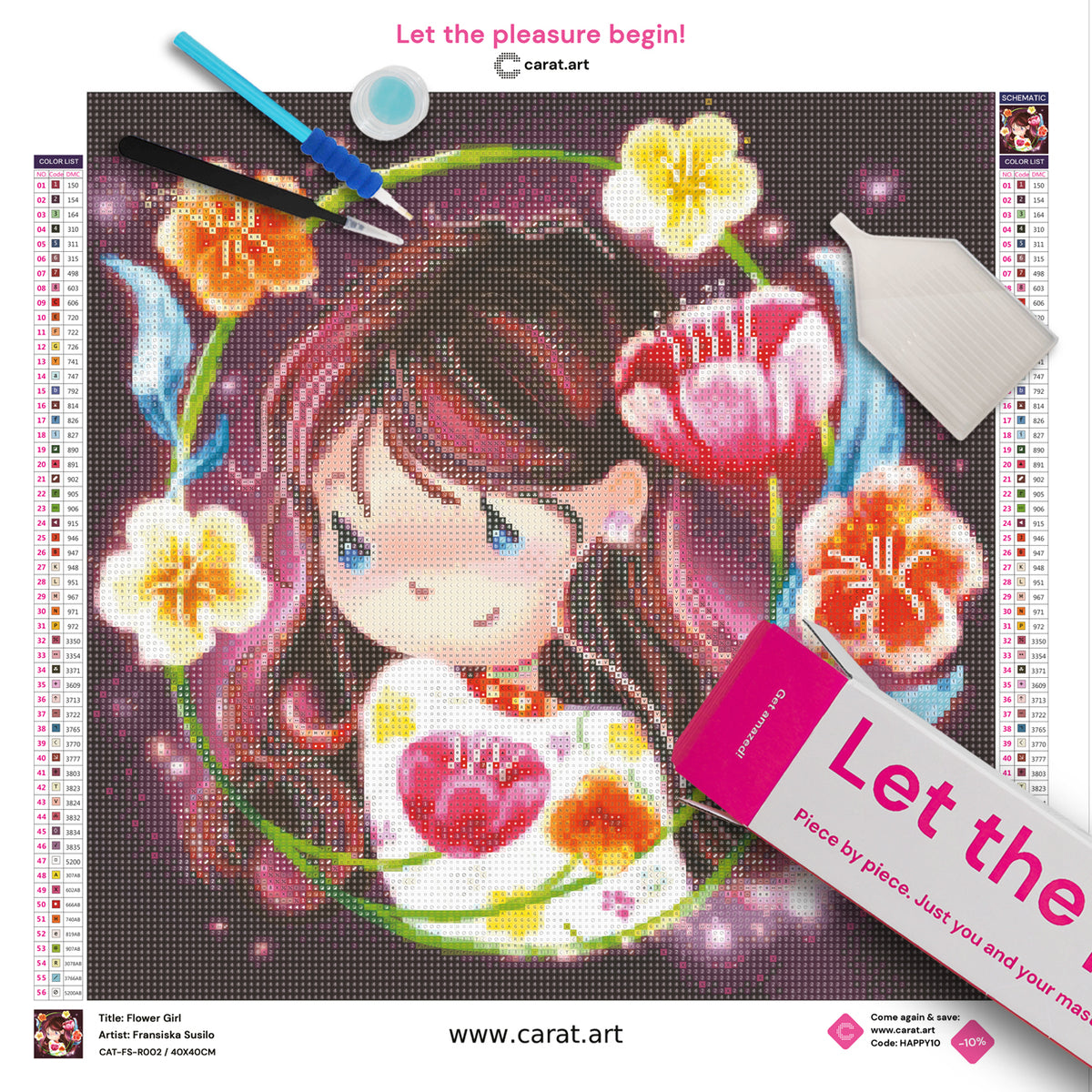 Diamond Painting Set mit floralem Mädchenportrait und Blumenmotiv inklusive Leinwand, cearat.com Karton und hochwertigem Zubehör