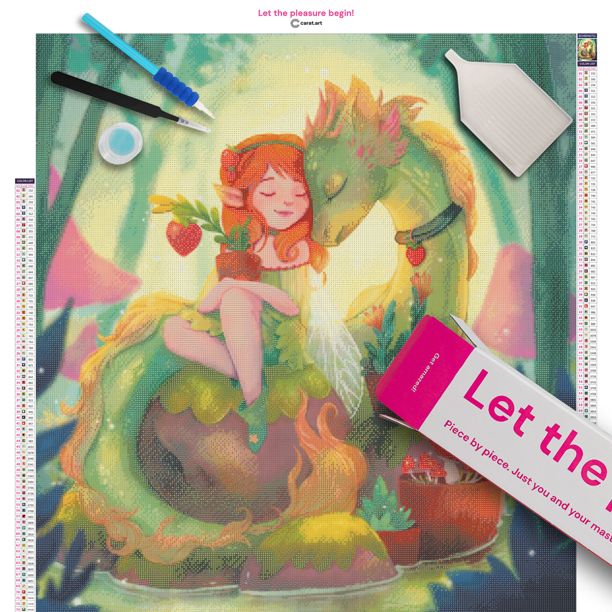 Diamond Painting Set mit kleiner Elfe, großem grünen Drachen und Erdbeerpflanze vor einer geheimnisvollen Waldkulisse mit Pilzen inklusive Leinwand, cearat.com Karton und hochwertigem Zubehör