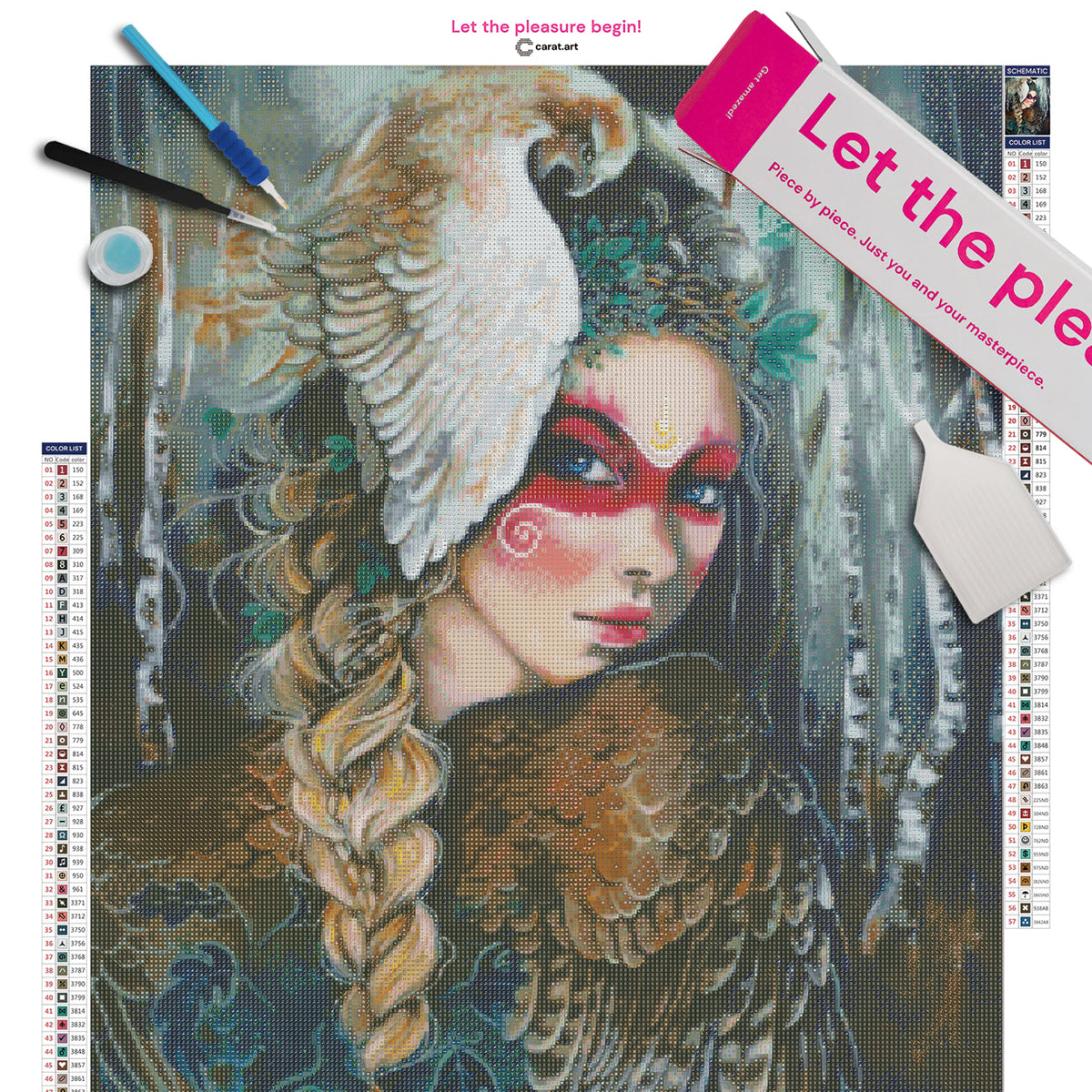Diamond Painting Set mit Freya, Falke und mystischem Birken Waldmotiv inklusive Leinwand, cearat.com Karton und Zubehör