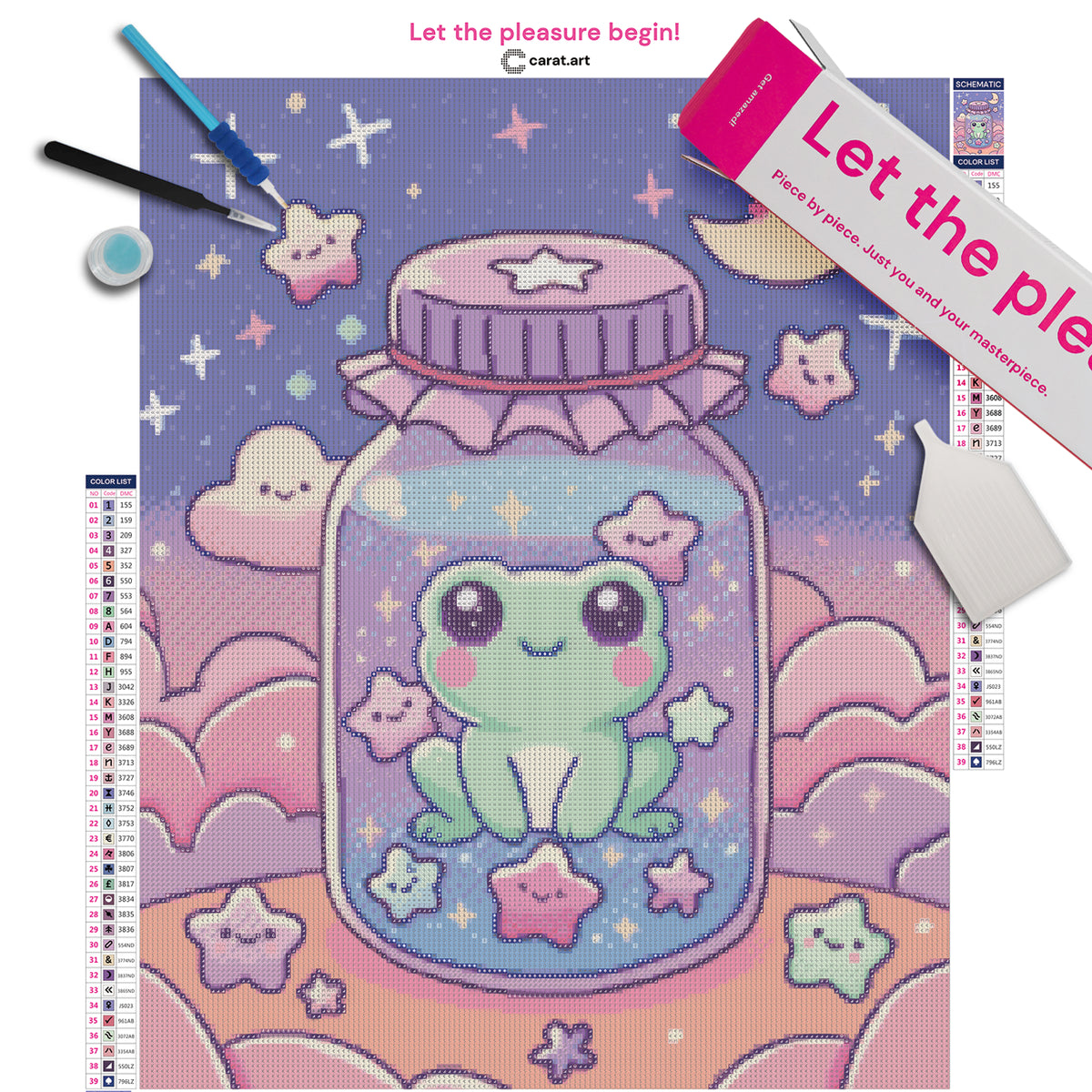 Diamond Painting Komplett-Set mit niedlichem Frosch im Glas, freundlichen Sternen, rosa Wolken und Mond inklusive Leinwand, Diamond Painting Zubehör und cearat.com Box