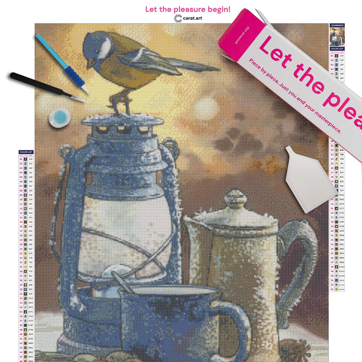 Stillleben mit Vogel, Tasse, Kanne und Laterne inklusive Leinwand, cearat.com Karton und hochwertigem Zubehör