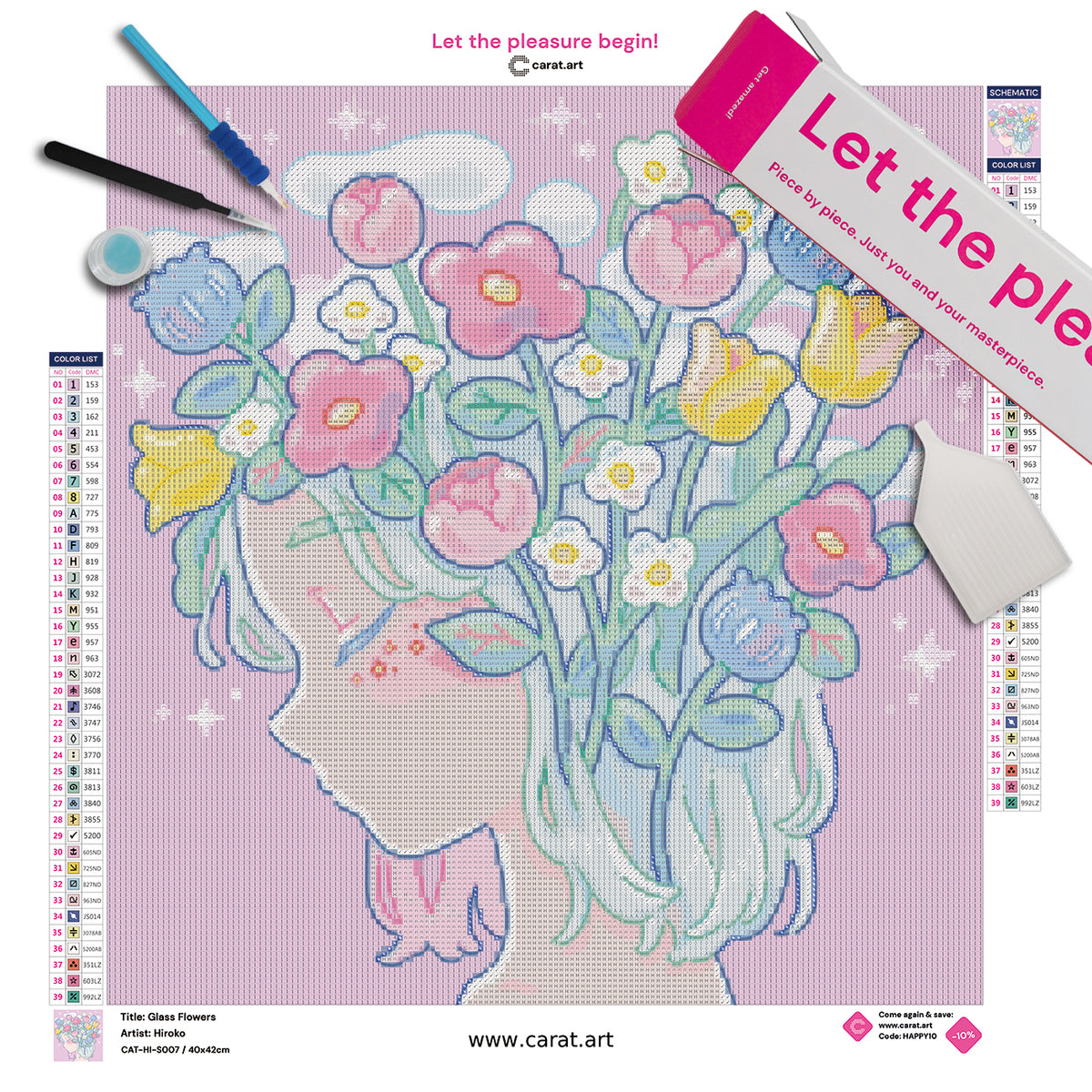 Diamond Painting Set von Hiroko mit floralem Mädchenportrait inklusive Leinwand, cearat.com Karton und hochwertigem Zubehör