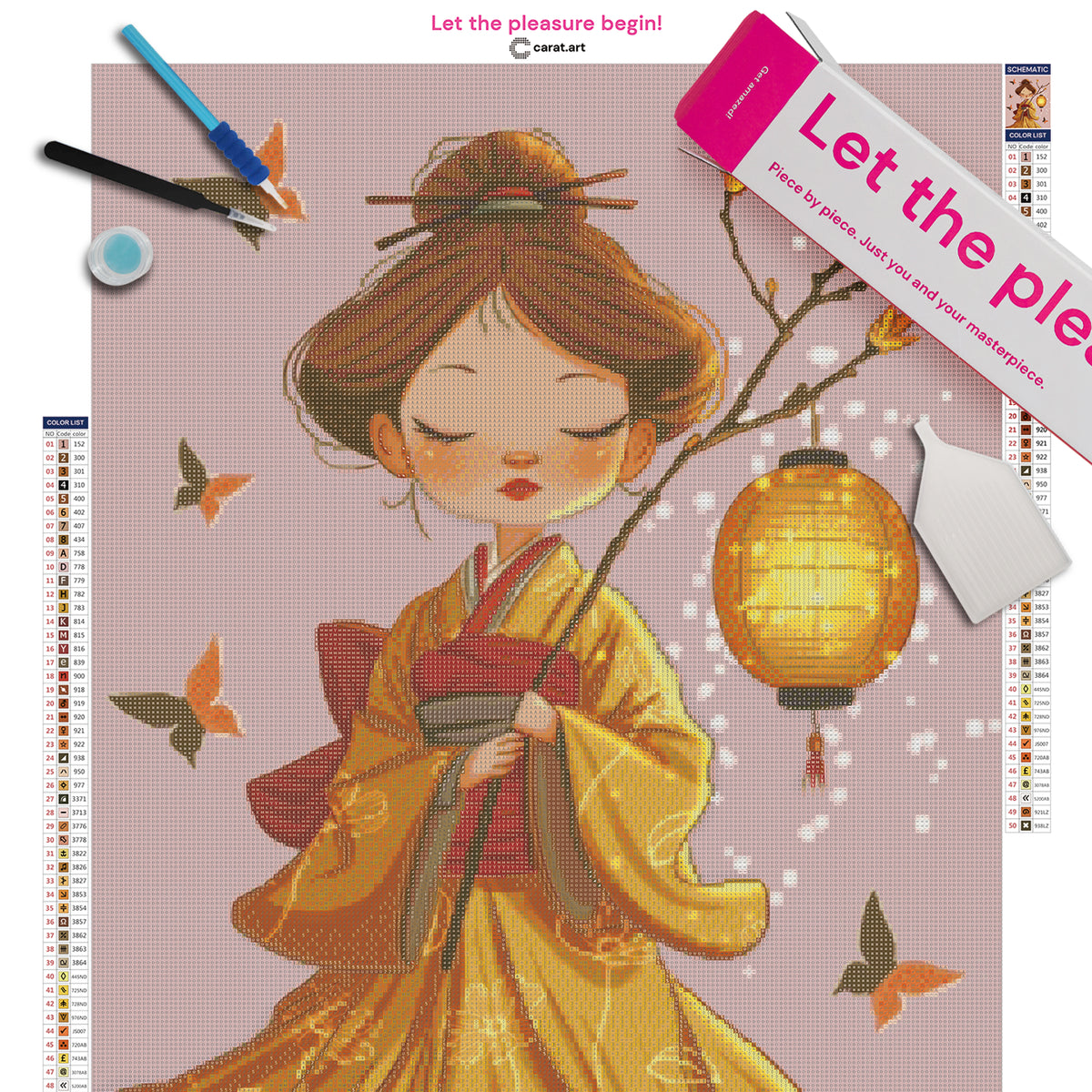 Diamond Painting Set mit asiatischem Mädchen, leuchtender Laterne und Schmetterlingsmotiv auf Leinwand mit cearat.com Karton und Zubehör
