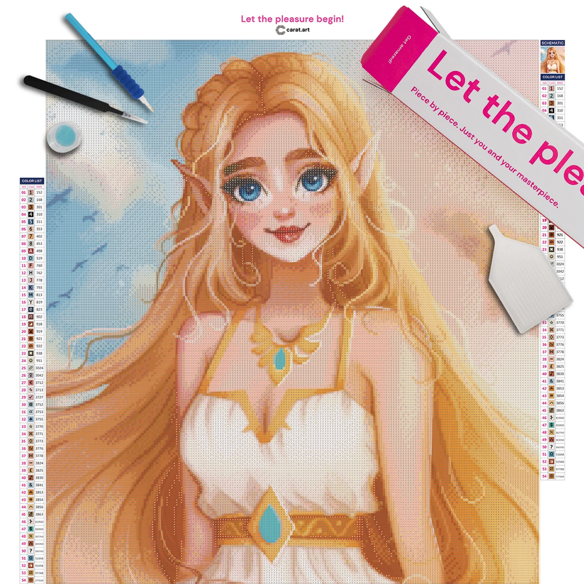 Diamond Painting Set mit Frau im weißen Kleid mit goldenen Verzierungen, goldenem Haar, Wolken und Vögeln am goldenen Himmel inklusive Leinwand, cearat.com Karton und hochwertigem Zubehör