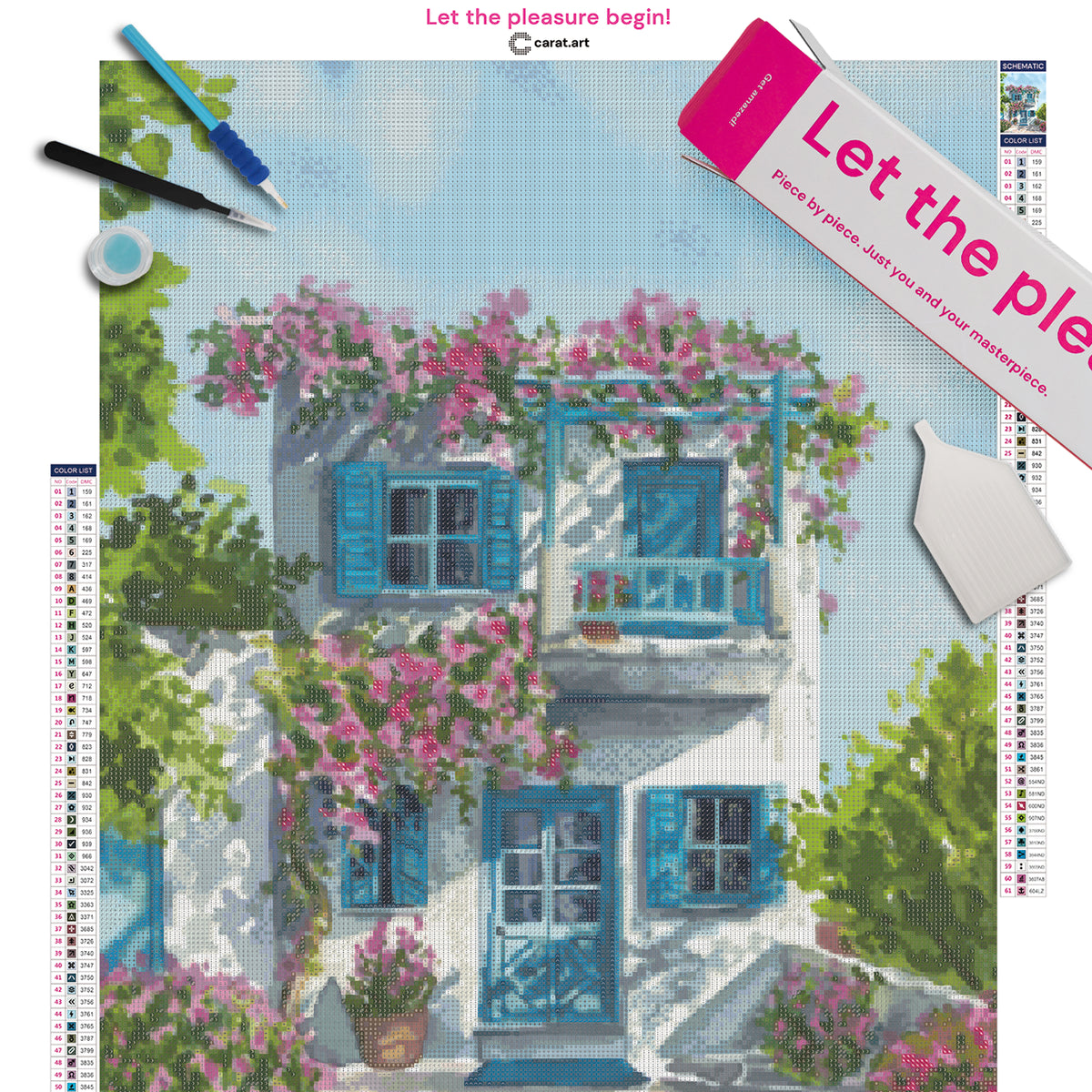 Premium Diamond Painting Set mit idyllischem weißem Häuschen, blau-türkisen Fensterläden und rosafarbenen Blüten inklusive Leinwand, cearat.com Karton und Diamond Painting Zubehör