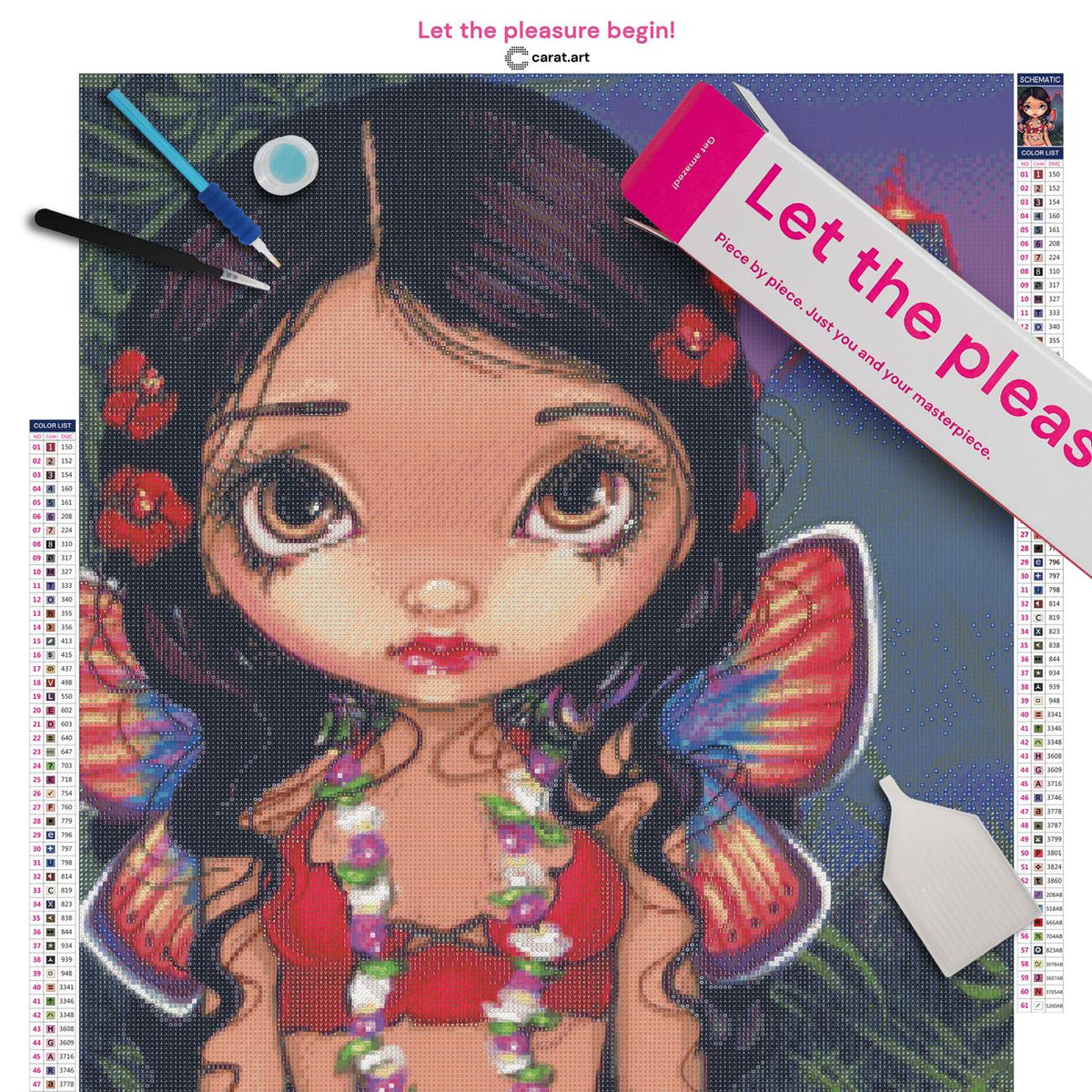 Diamond Painting Set mit hawaiianischer Schmetterlingsfee und Vulkan Motiv inklusive Leinwand, cearat.com Karton und hochwertigem Zubehör