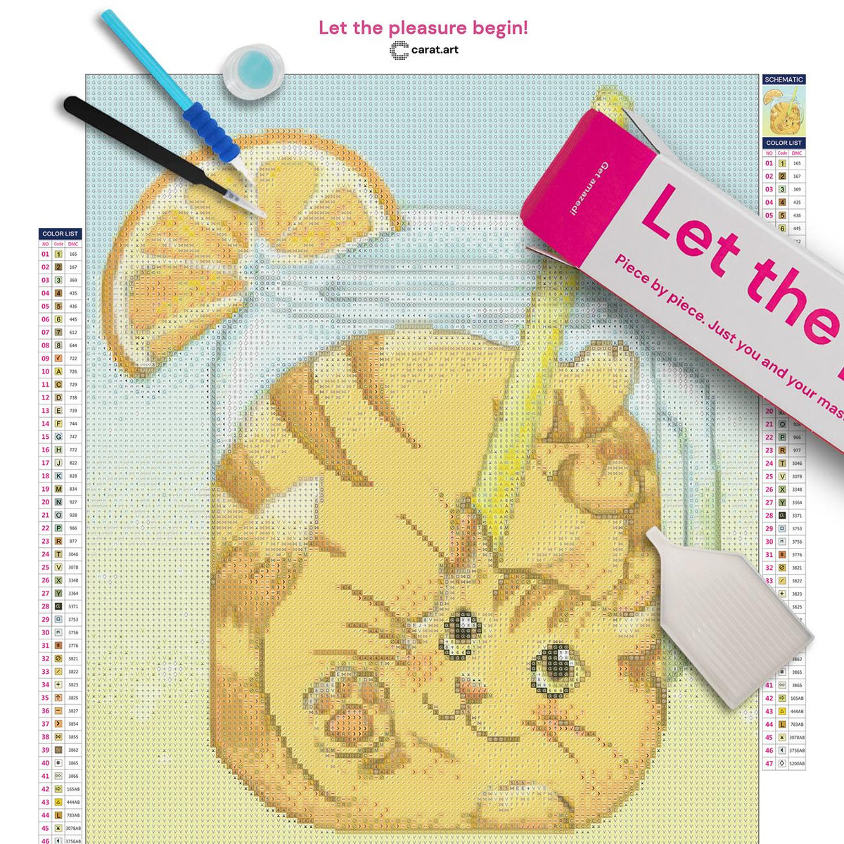 Diamond Painting Set mit Katze und Orangensaft Motiv inklusive Leinwand, cearat.com Karton und hochwertigem Zubehör