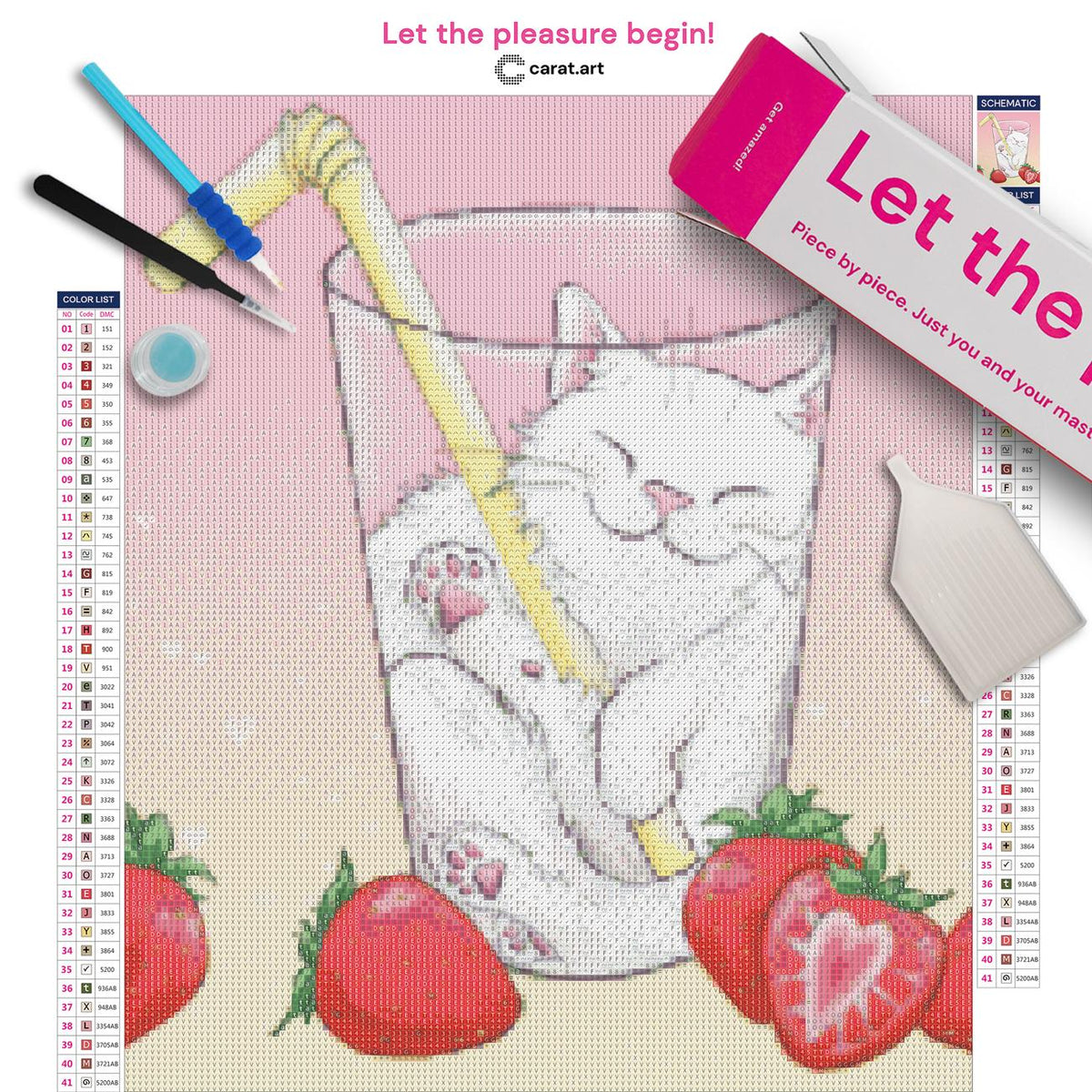 Diamond Painting Bastelset mit Kätzchen im Erdbeermilchglas und Erdbeeren inklusive Leinwand, cearat.com Karton und hochwertigem Zubehör