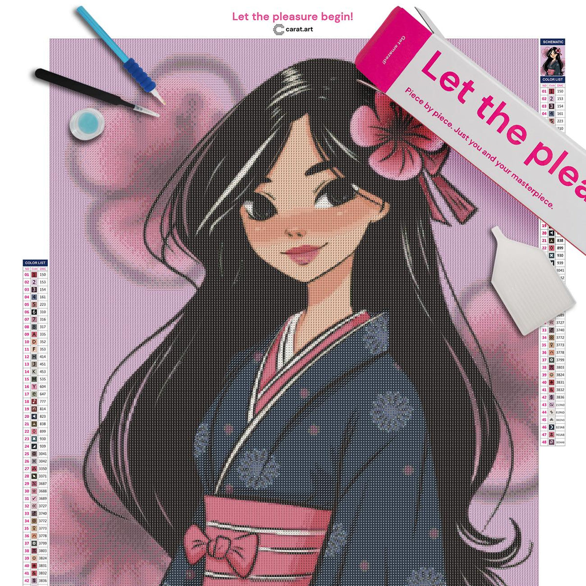 Diamond Painting Set mit Kimono Mädchen und asiatischem Blumenmotiv inklusive Leinwand, cearat.com Karton und Zubehör