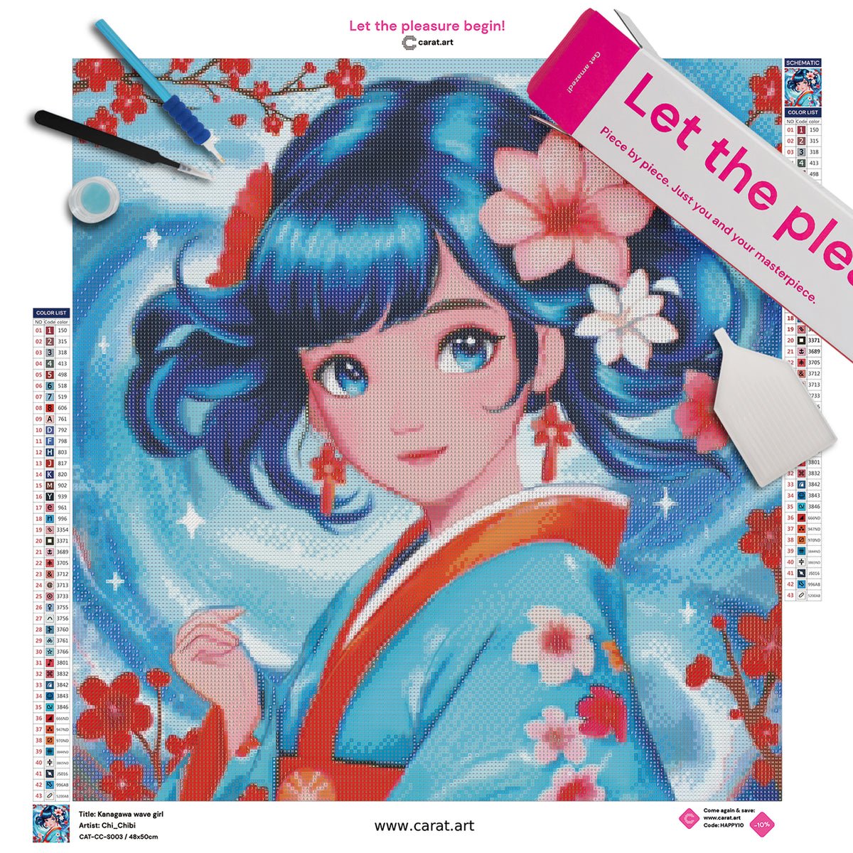 Diamond Painting Set mit Mädchen im Kimono, großer Welle und roten Blütenzweigen inklusive Leinwand, cearat.com Karton und hochwertigem Zubehör