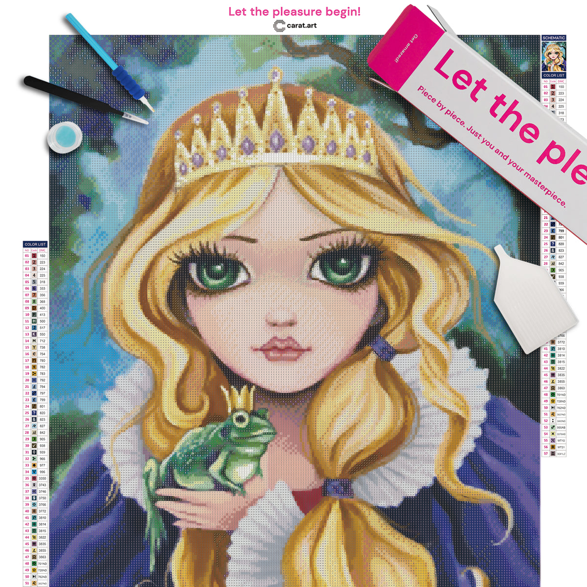 Diamond Painting Set mit kleiner blonder Prinzessin mit Diadem und blauem Umhang, die den Froschkönig auf ihrer Hand hält, inklusive Leinwand, cearat.com Karton und hochwertigem Zubehör