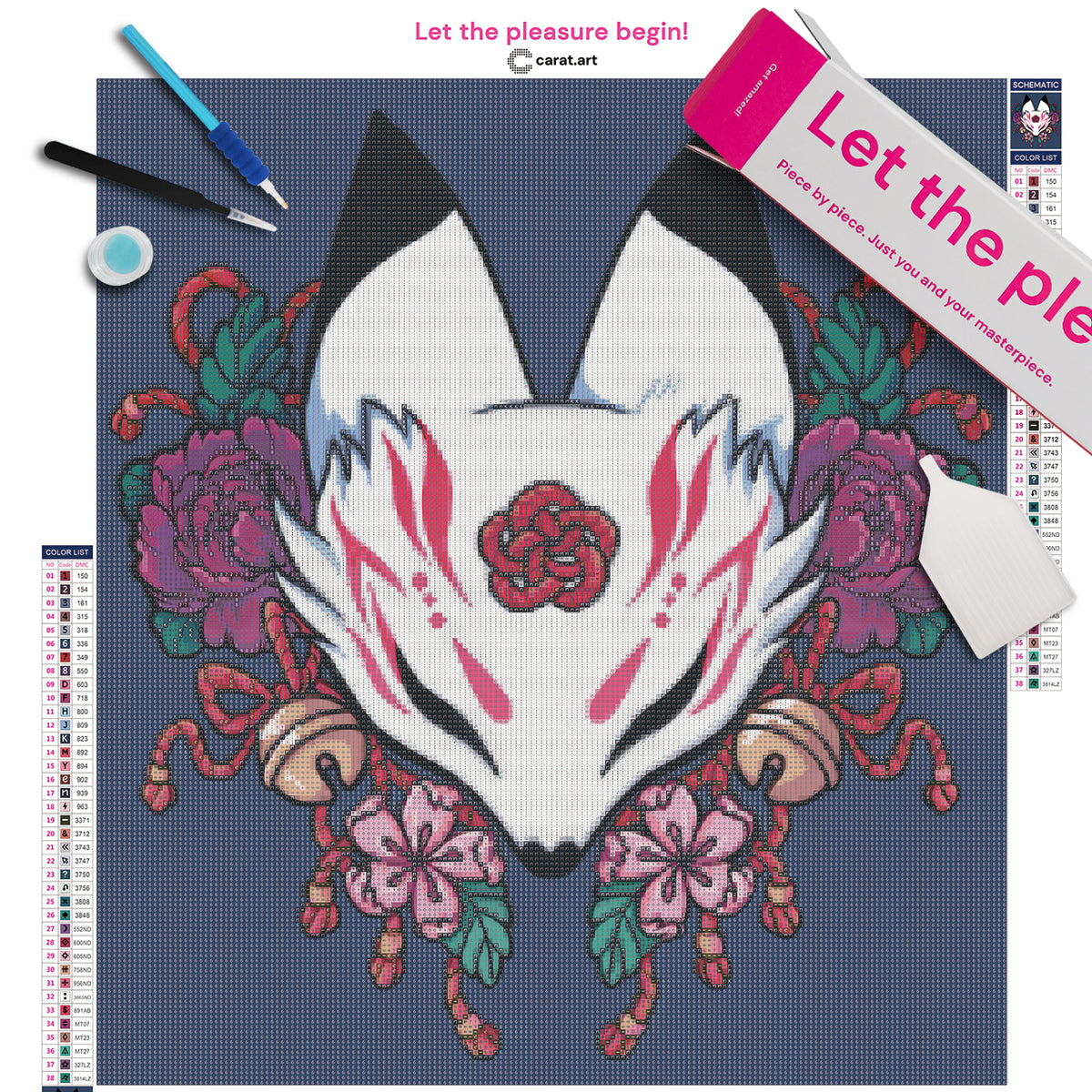 Diamond Painting Set mit Kitsune-Maske und asiatisch inspirierten Blüten-, Blatt- und Glöckchen-Details inklusive Leinwand, cearat.com Karton und hochwertigem Zubehör